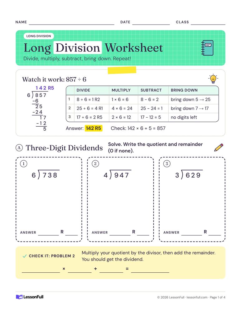 Long Division Worksheet — math worksheet for grades 4–5