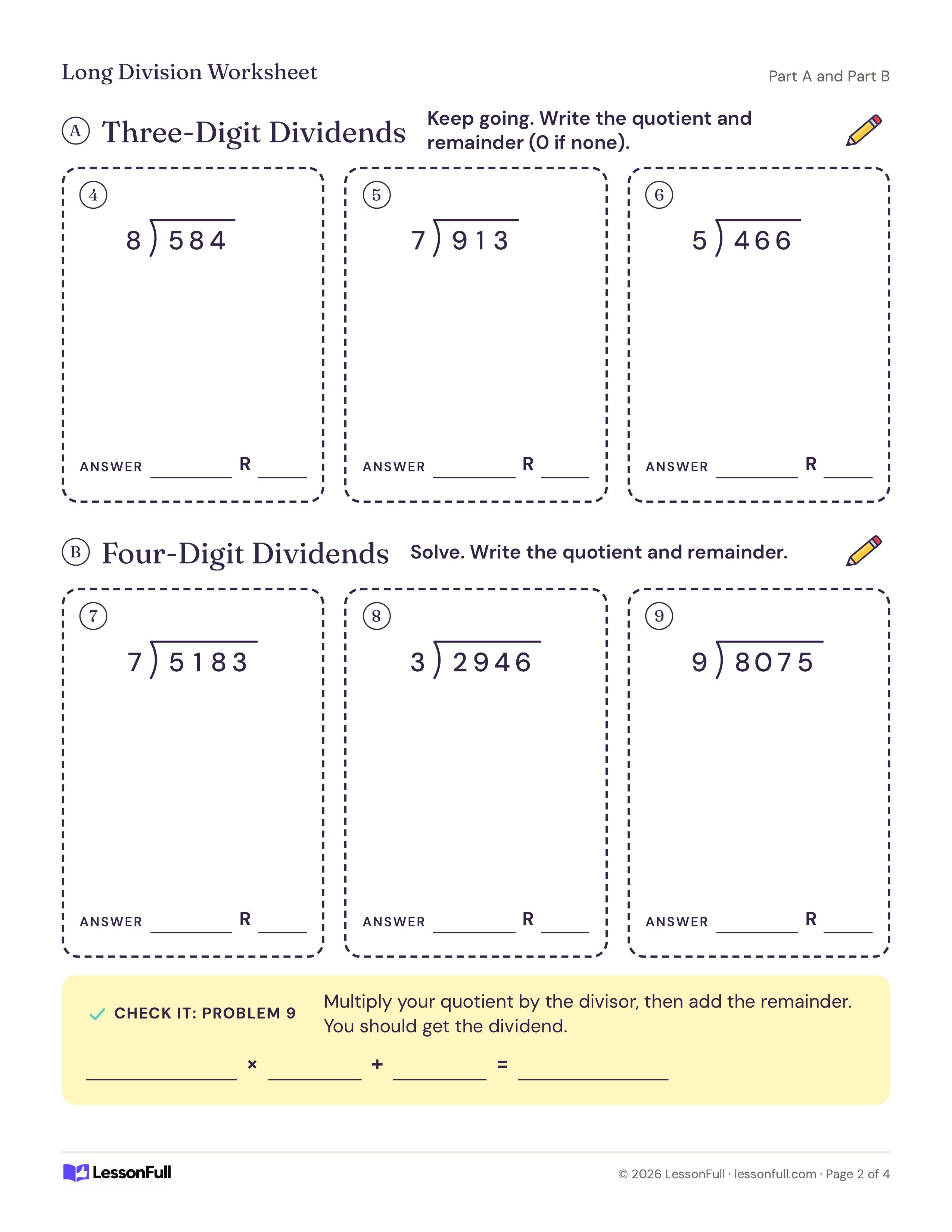 Long Division Worksheet: six dashed work boxes for three- and four-digit dividends with answer and remainder lines, plus a check-it strip