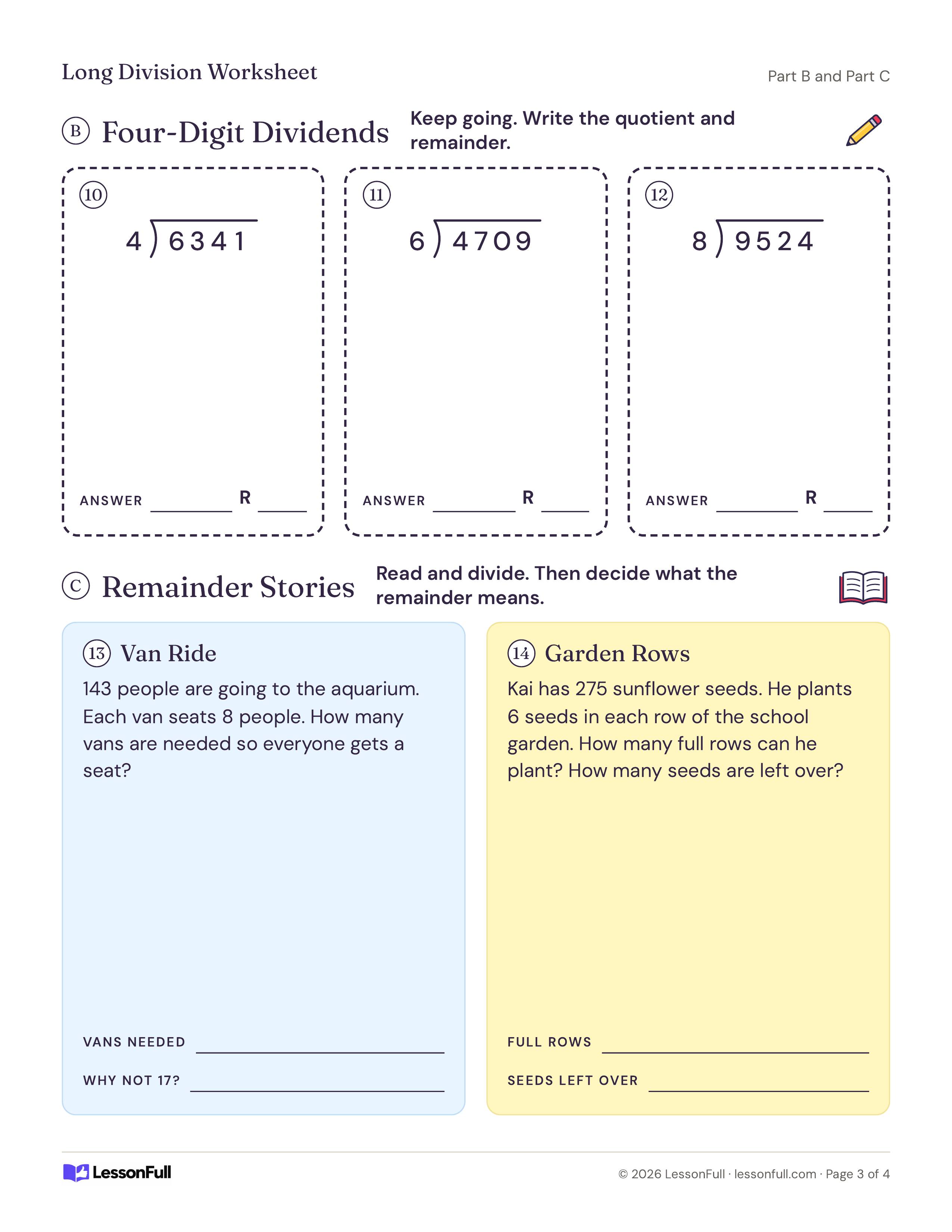 Long Division Worksheet: three more four-digit division boxes and two remainder story problems about vans for a trip and garden rows