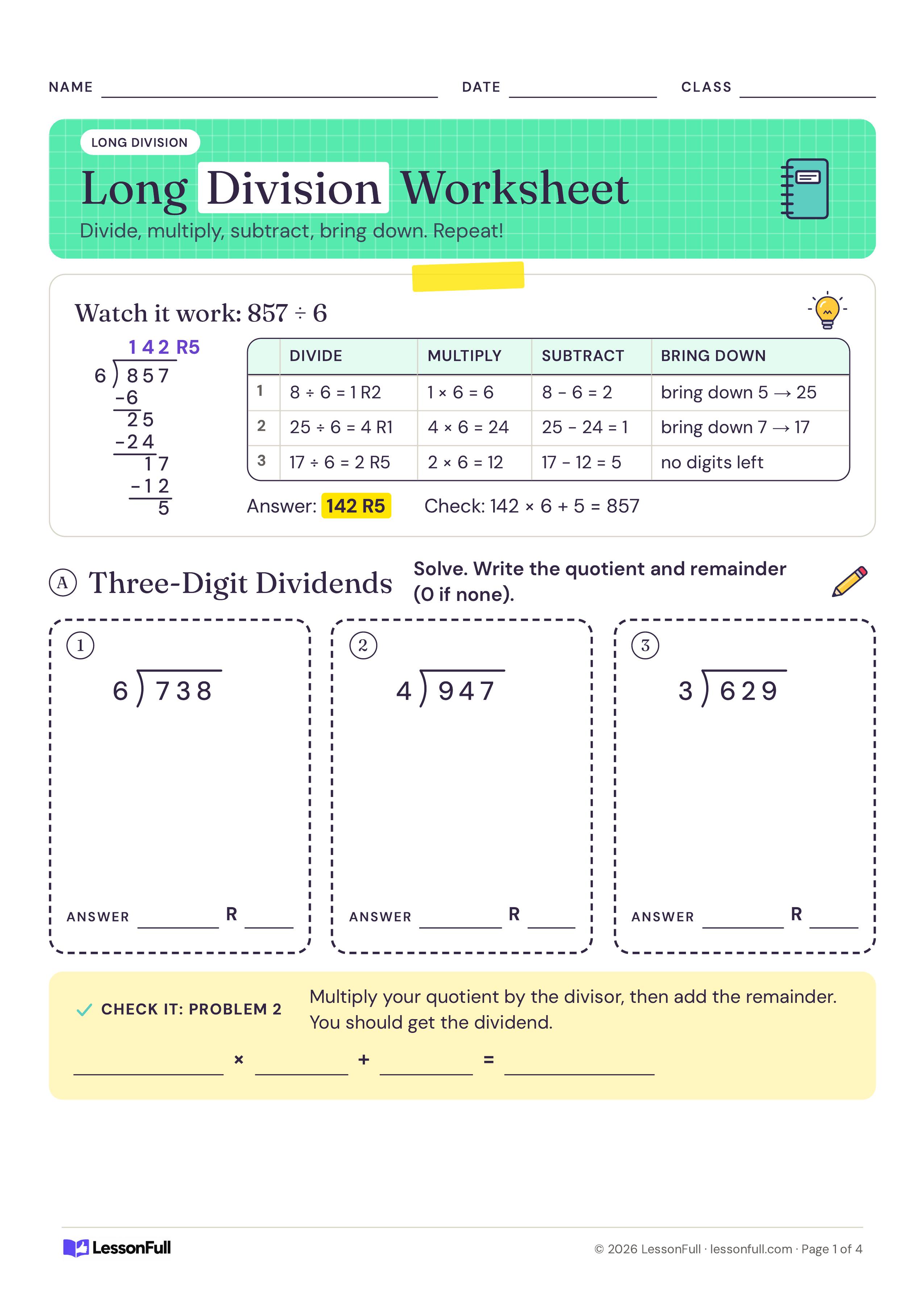 Long Division Worksheet: a worked 857 ÷ 6 example with a divide, multiply, subtract, bring down table, then three division boxes and a check line