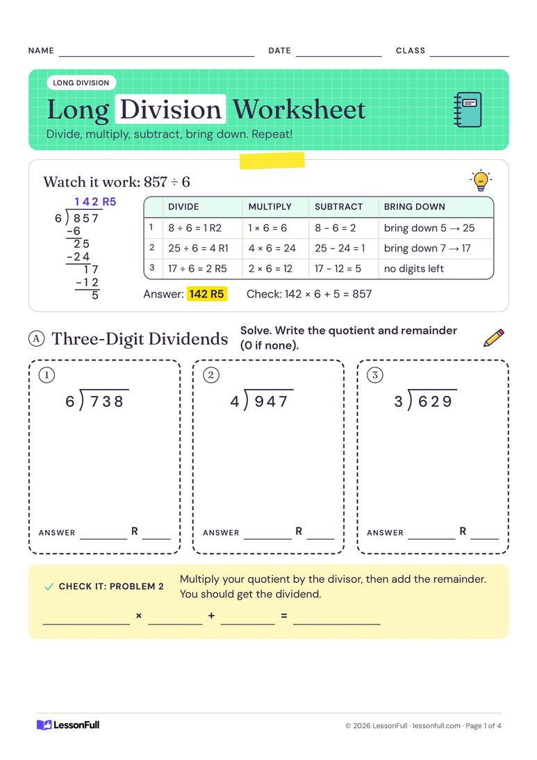 Long Division Worksheet — maths worksheet for years 4–5