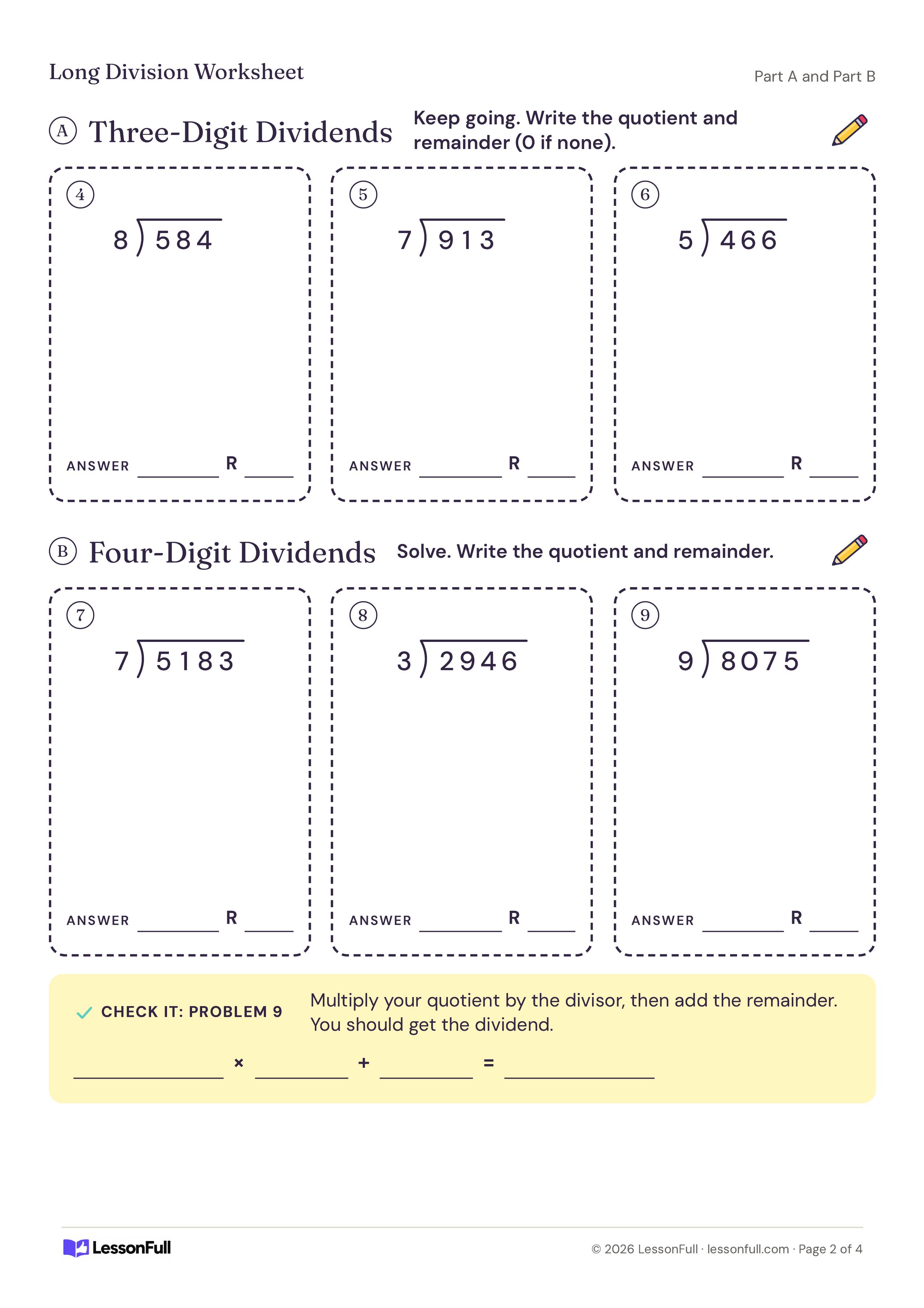 Long Division Worksheet: six dashed work boxes for three- and four-digit dividends with answer and remainder lines, plus a check-it strip