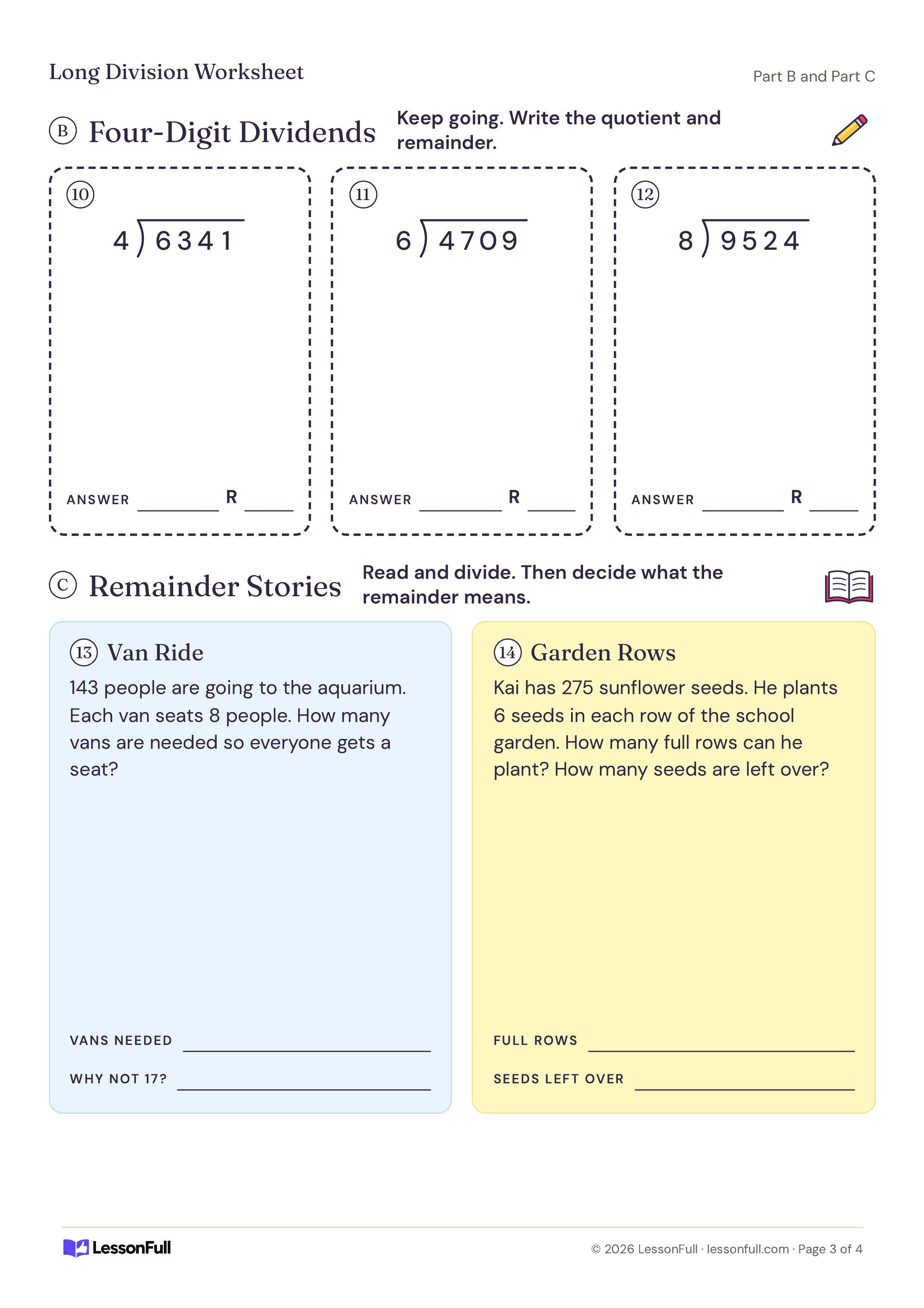 Long Division Worksheet: three more four-digit division boxes and two remainder story problems about vans for a trip and garden rows