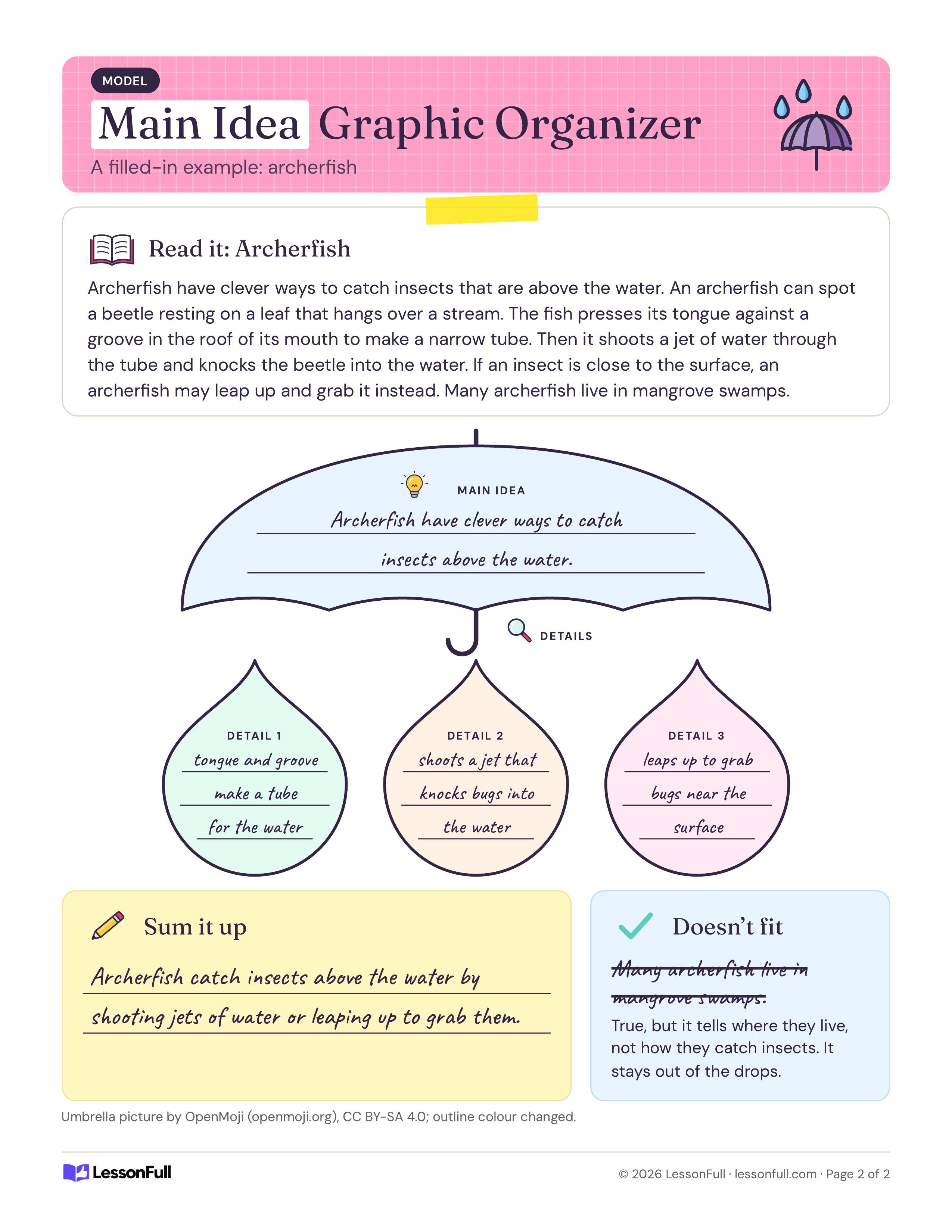 Main Idea Graphic Organizer: a filled-in model with a short archerfish passage, handwritten umbrella and raindrop answers and a doesn't fit note