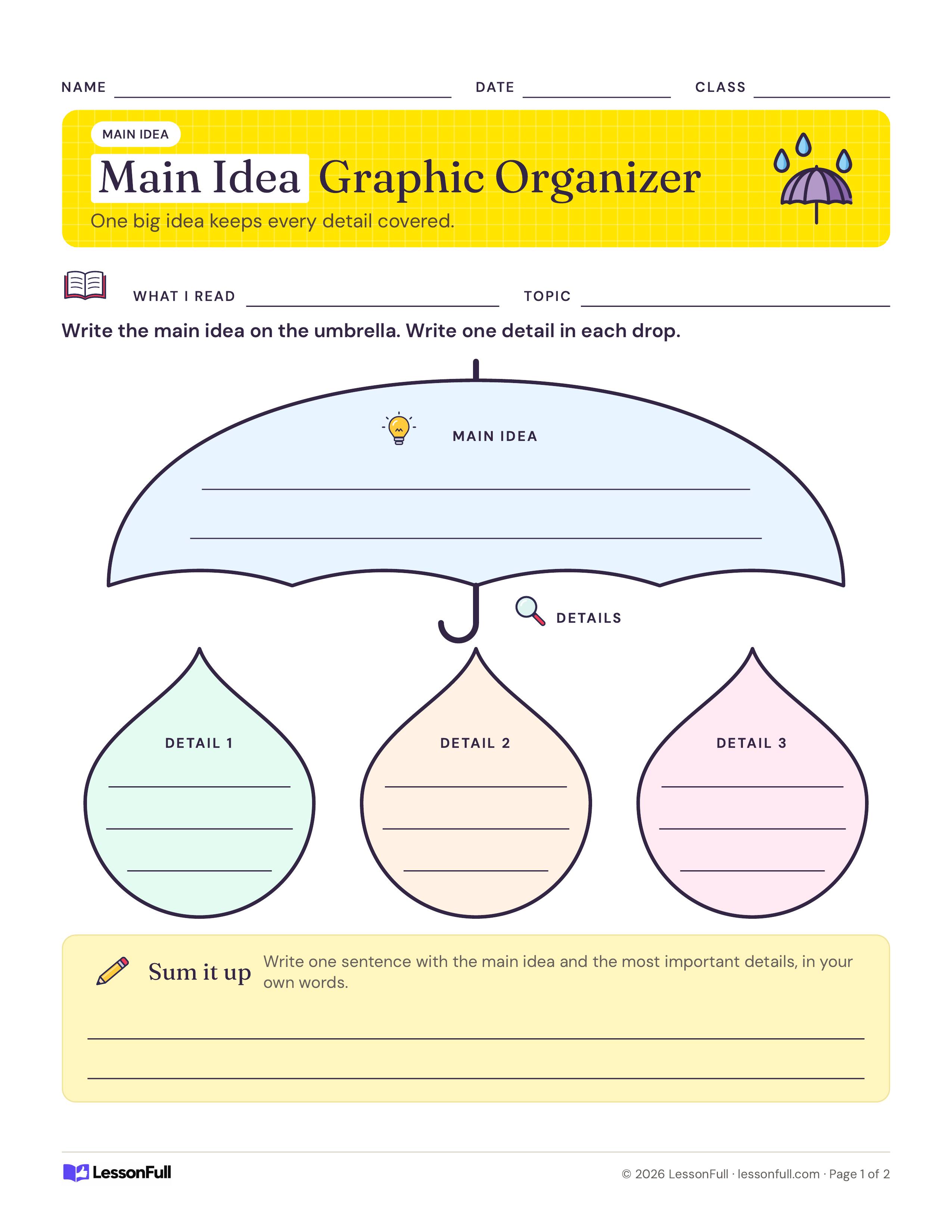 Main Idea Graphic Organizer: a large umbrella for the main idea above three coloured raindrops for details, plus a sum it up writing box