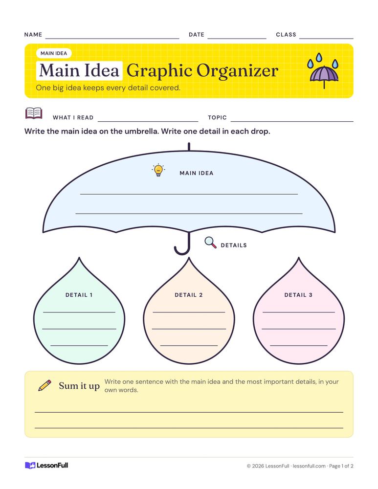 Main Idea Graphic Organizer — language arts worksheet for grades 2–5