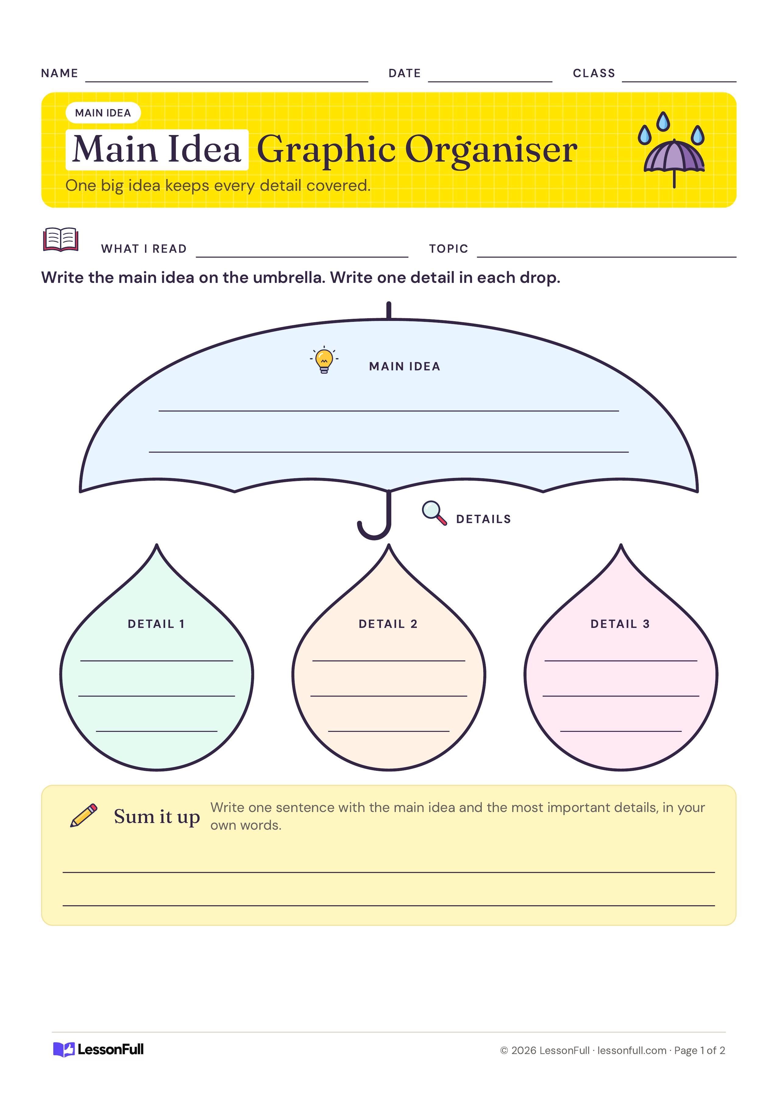 Main Idea Graphic Organiser: a large umbrella for the main idea above three coloured raindrops for details, plus a sum it up writing box