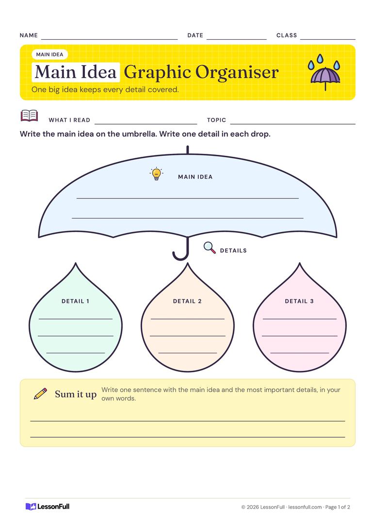 Main Idea Graphic Organiser — English worksheet for years 2–5