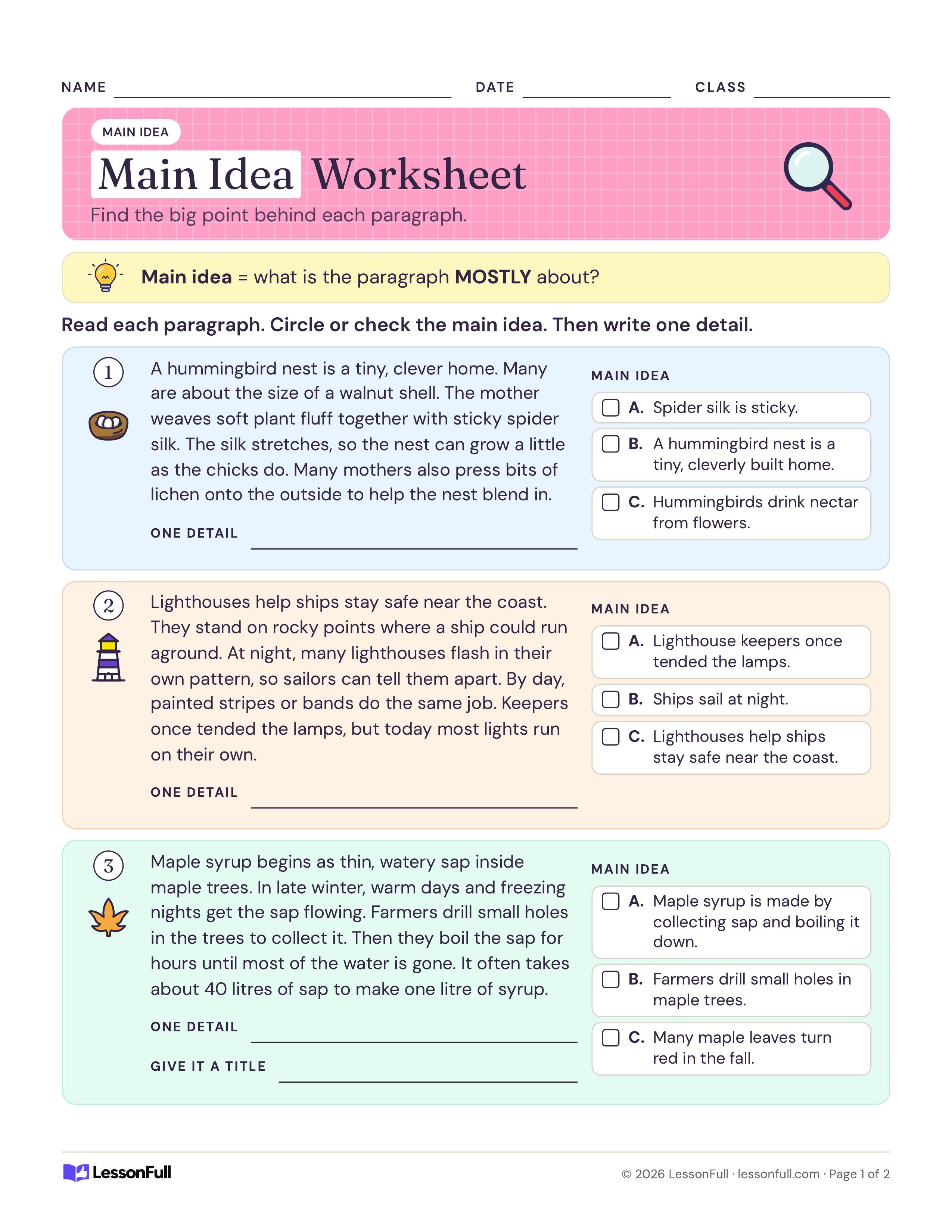 Main Idea Worksheet: three short paragraphs on a hummingbird nest, lighthouses and maple syrup, each with three main idea choices