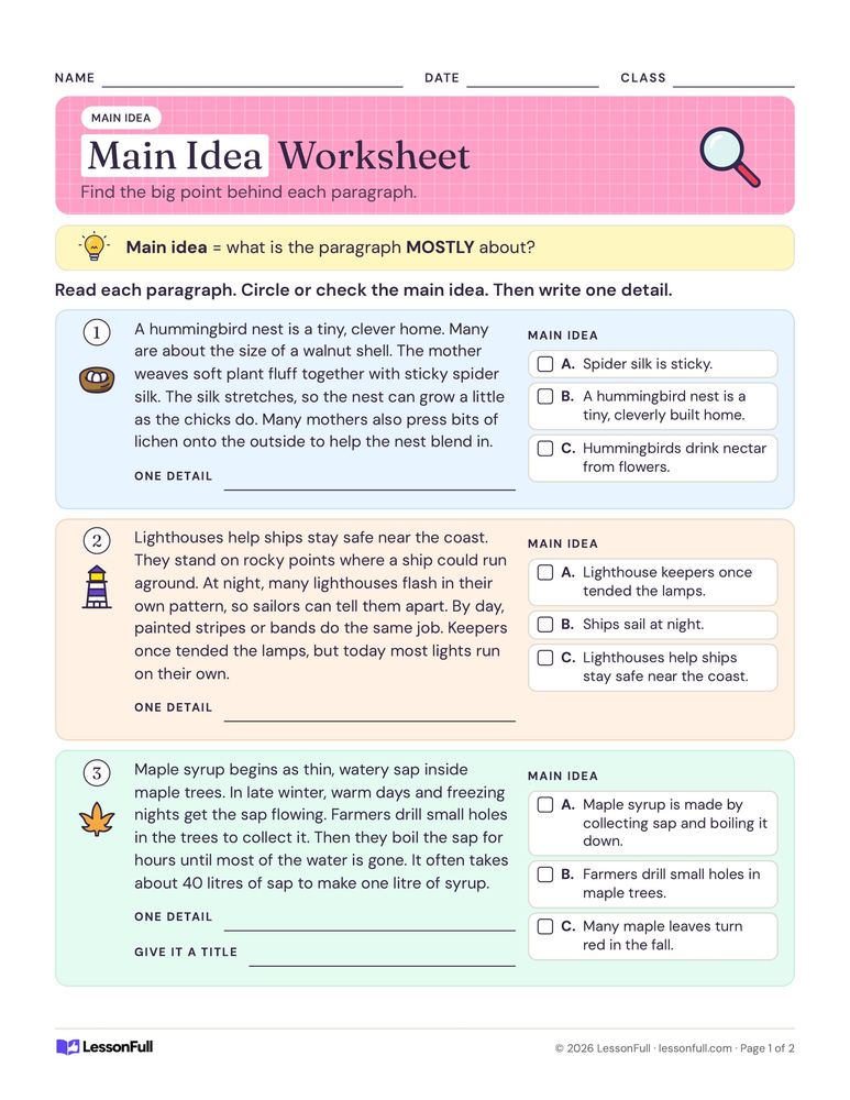 Main Idea Worksheet — language arts worksheet for grades 2–4