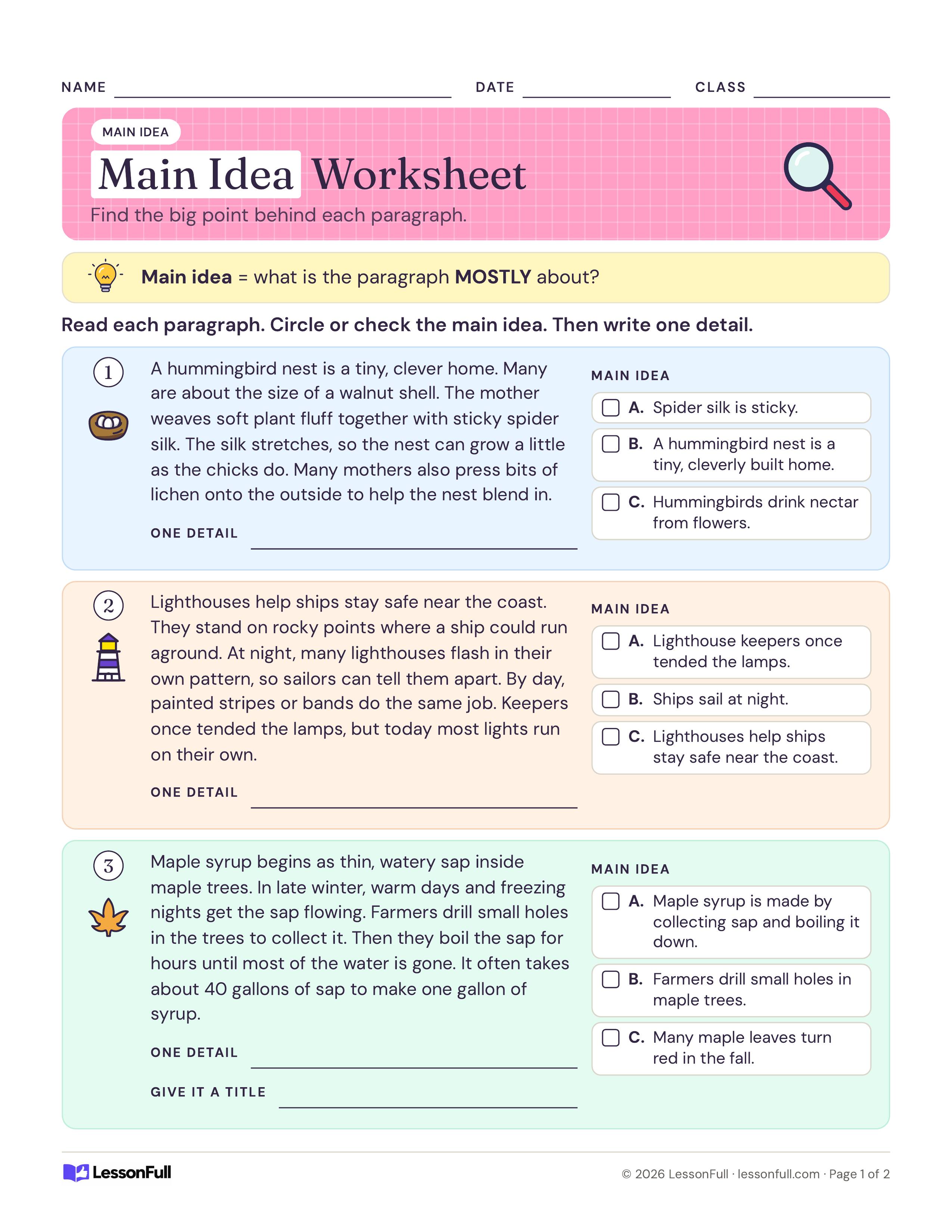 Main Idea Worksheet: three short paragraphs on a hummingbird nest, lighthouses and maple syrup, each with three main idea choices