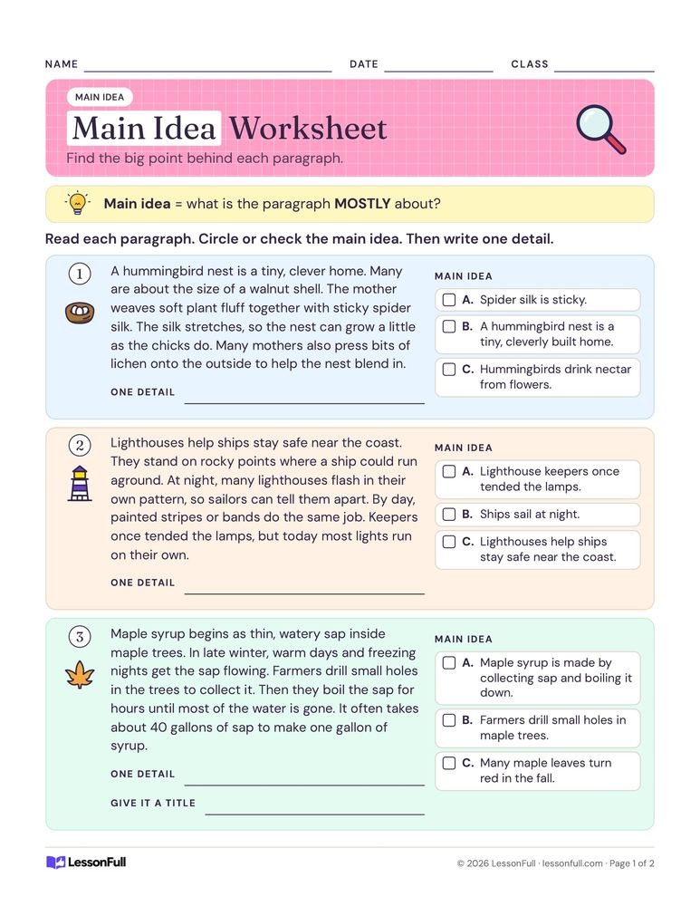 Main Idea Worksheet — language arts worksheet for grades 2–4