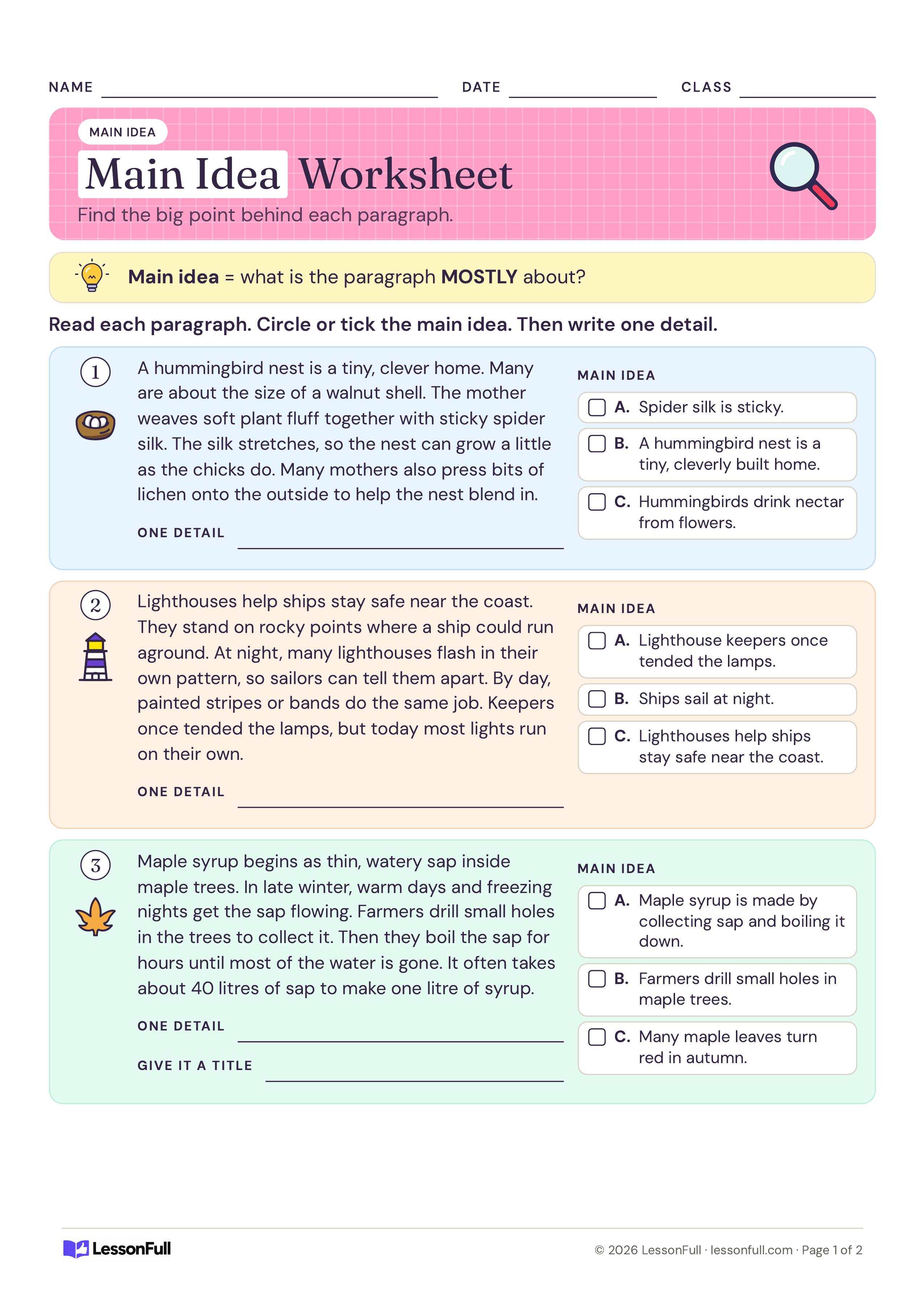 Main Idea Worksheet: three short paragraphs on a hummingbird nest, lighthouses and maple syrup, each with three main idea choices