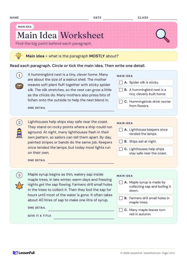 Main Idea Worksheet — English worksheet for years 2–4