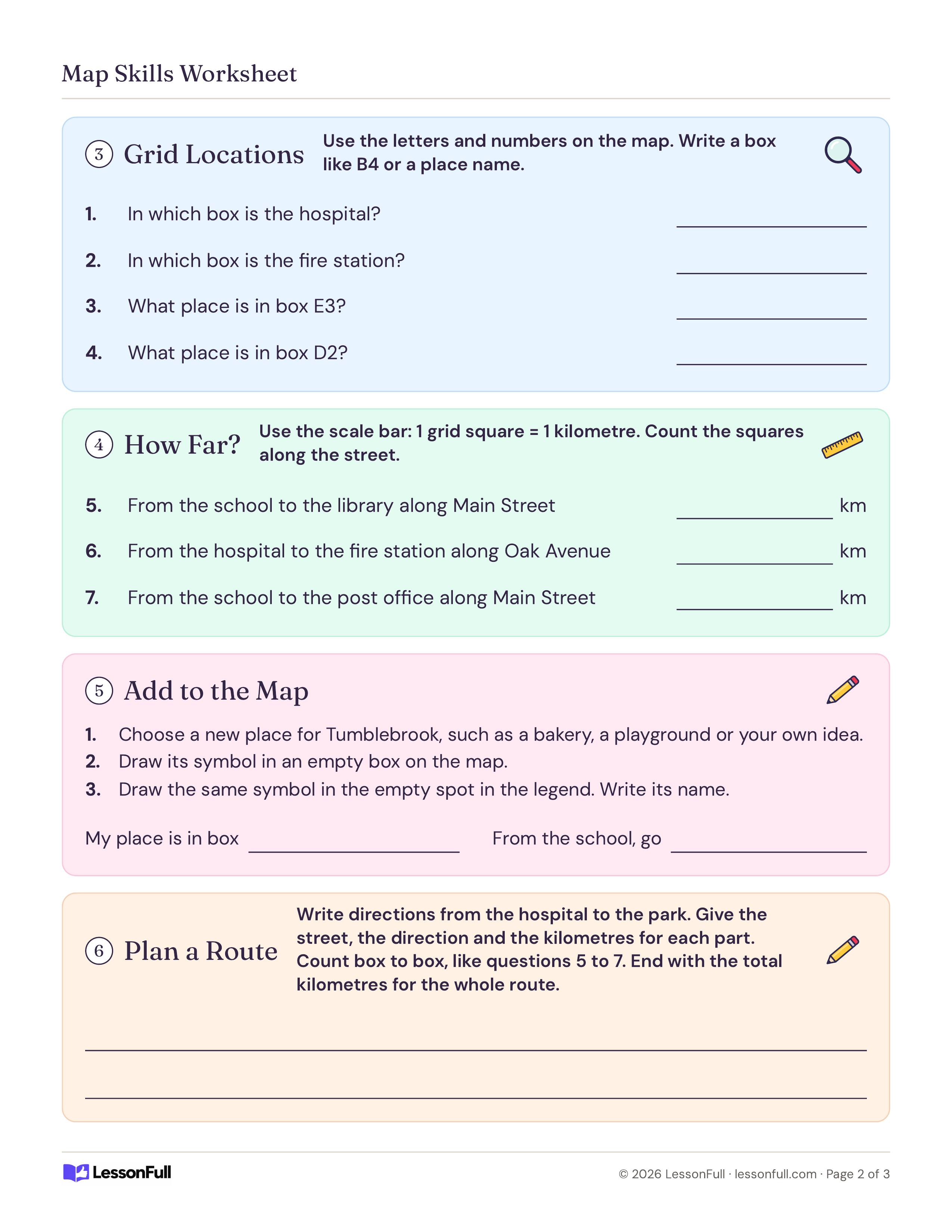 Map Skills Worksheet: grid location and how-far questions, an add-a-place-to-the-map task and lines to plan a route from hospital to park