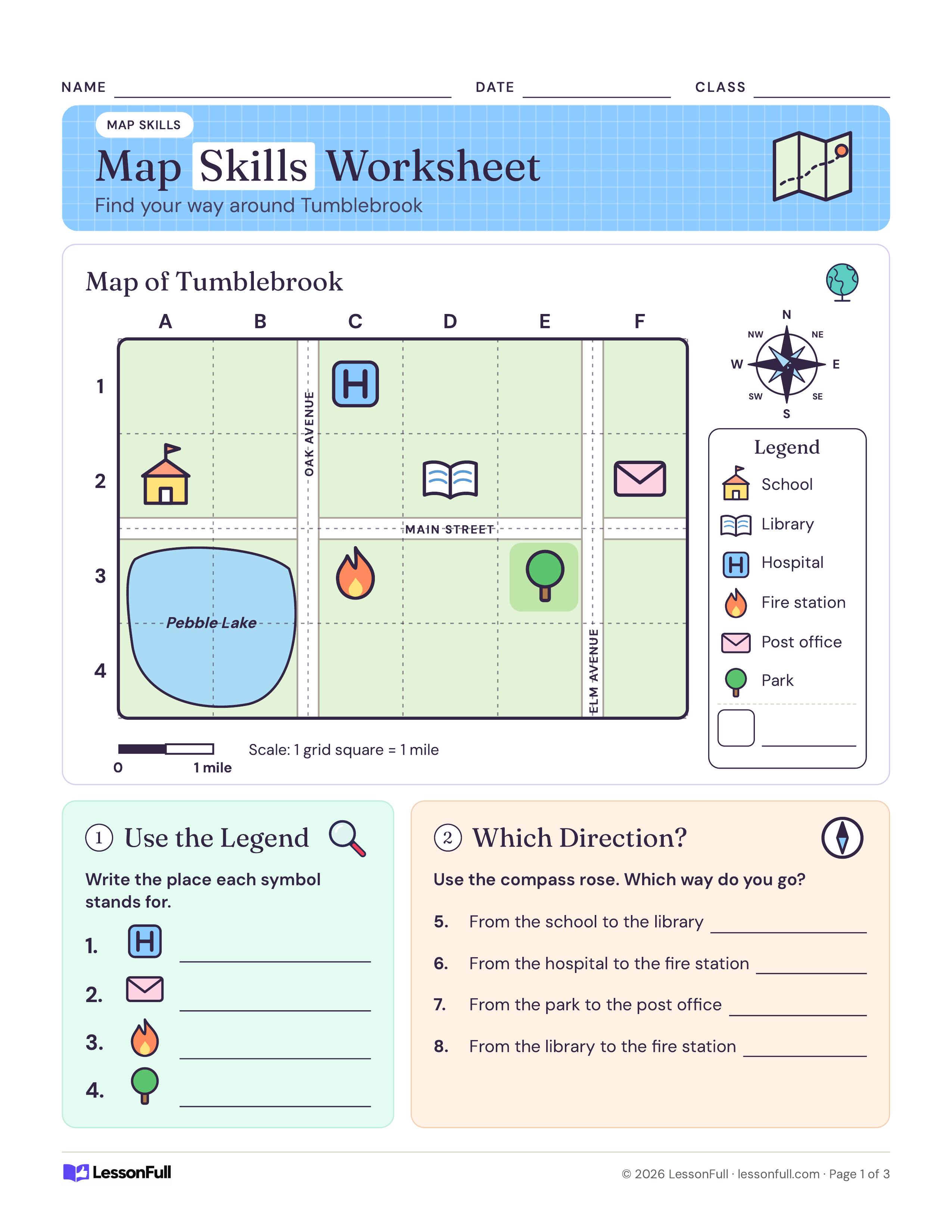 Map Skills Worksheet: a Tumblebrook town map with a lettered grid, legend, compass rose and scale bar, plus legend and direction questions