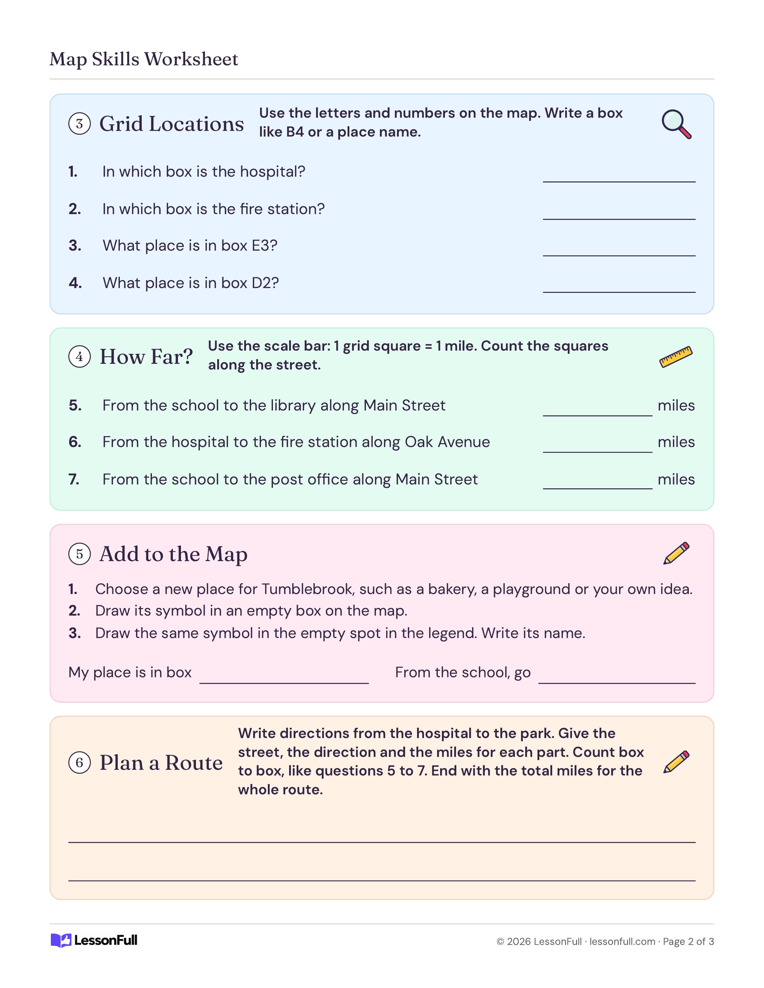 Map Skills Worksheet: grid location and how-far questions, an add-a-place-to-the-map task and lines to plan a route from hospital to park