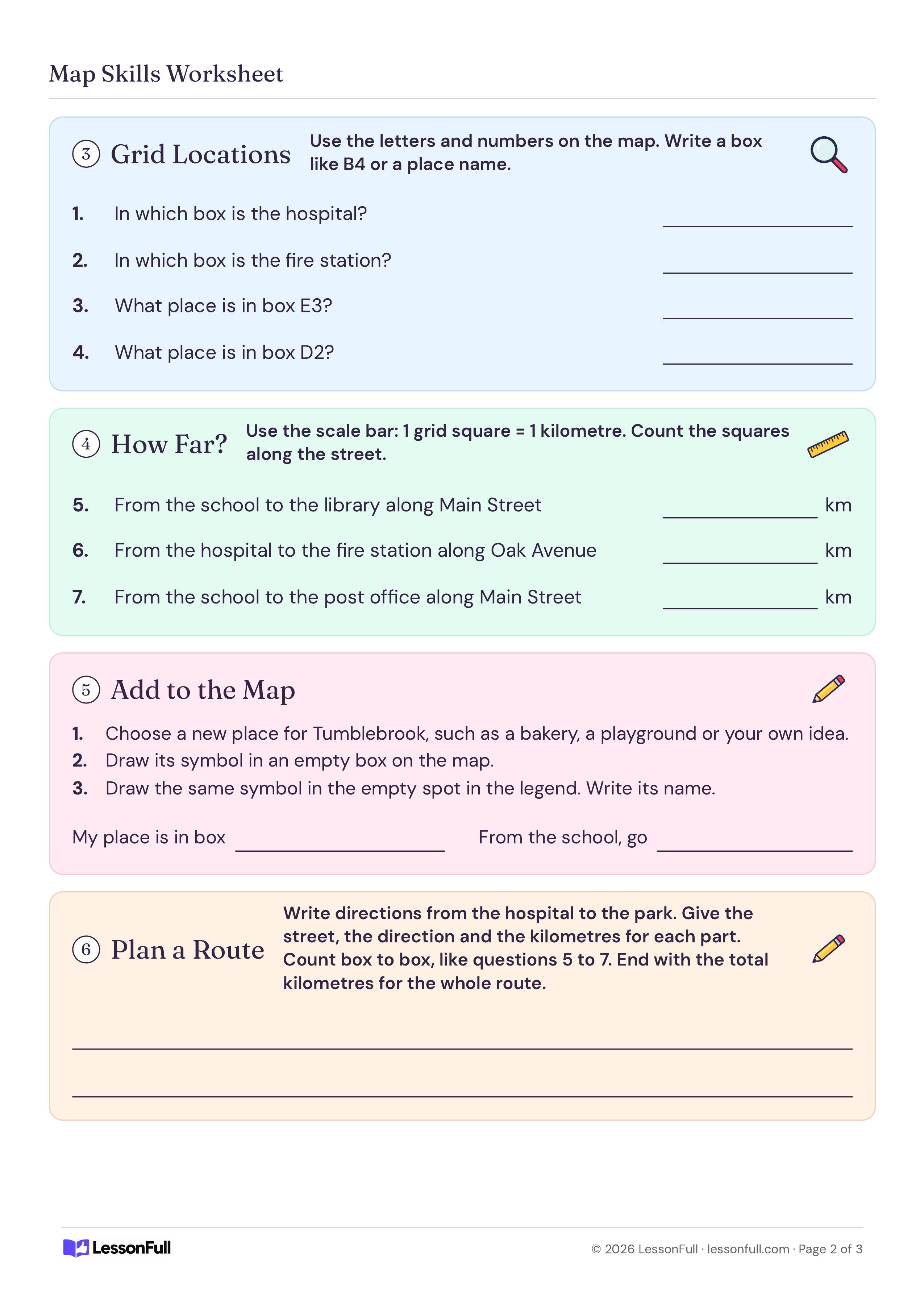 Map Skills Worksheet: grid location and how-far questions, an add-a-place-to-the-map task and lines to plan a route from hospital to park