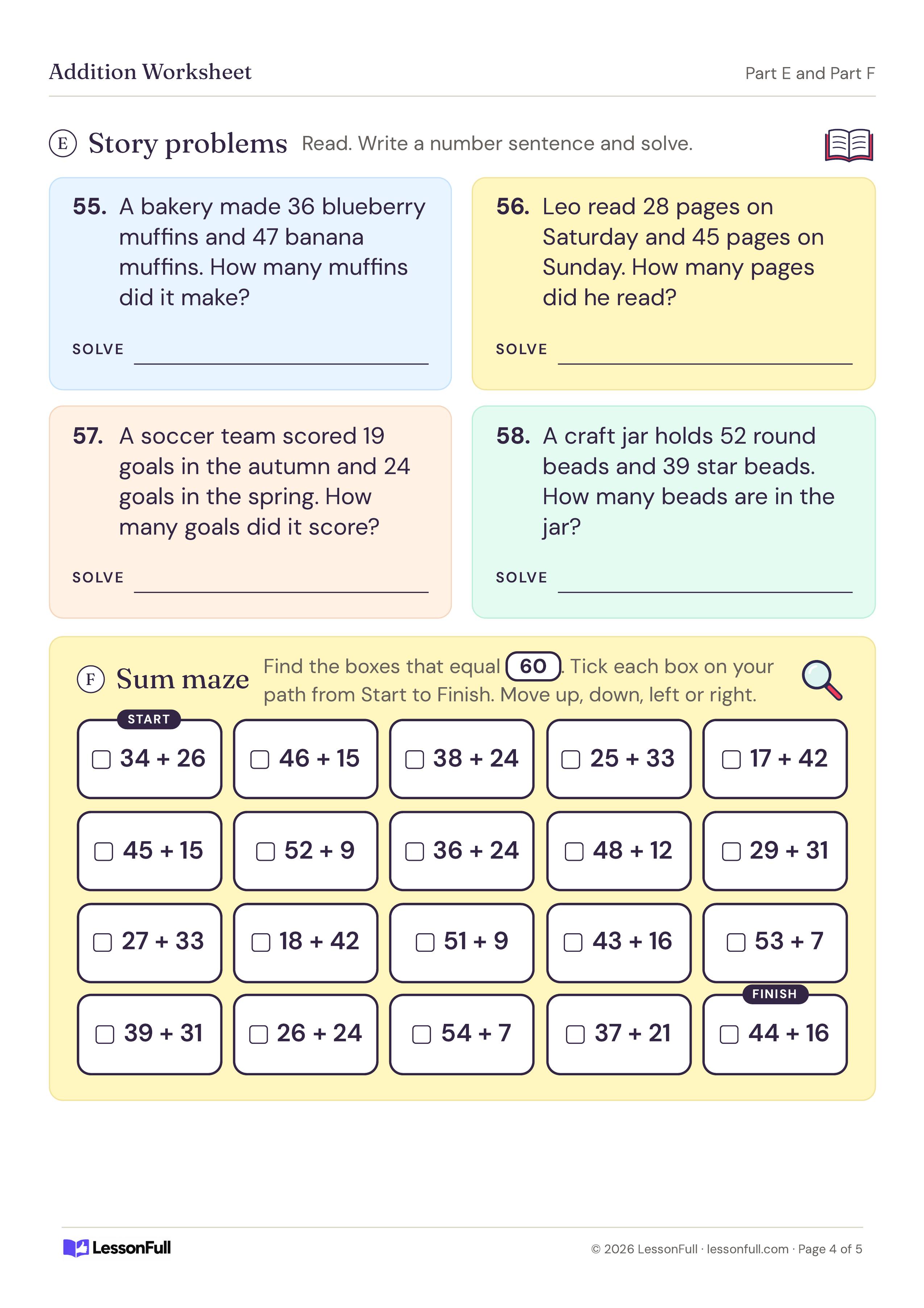Maths Addition Worksheet: four muffin, reading, soccer and bead story problems, plus a sum maze grid for tracing a path of boxes that equal 60