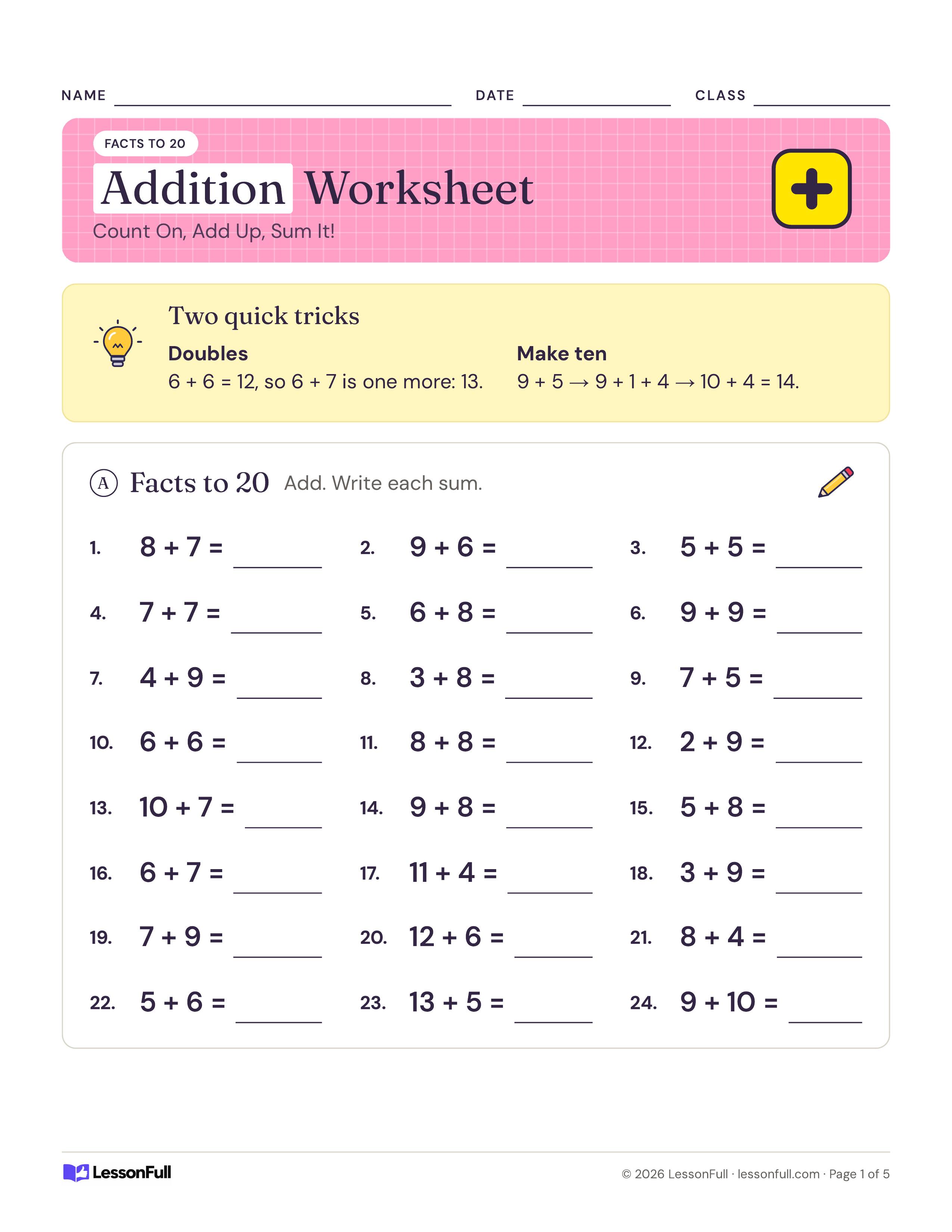 Math Addition Worksheet: a doubles and make-ten tip box above a grid of 24 addition facts to 20 with answer lines