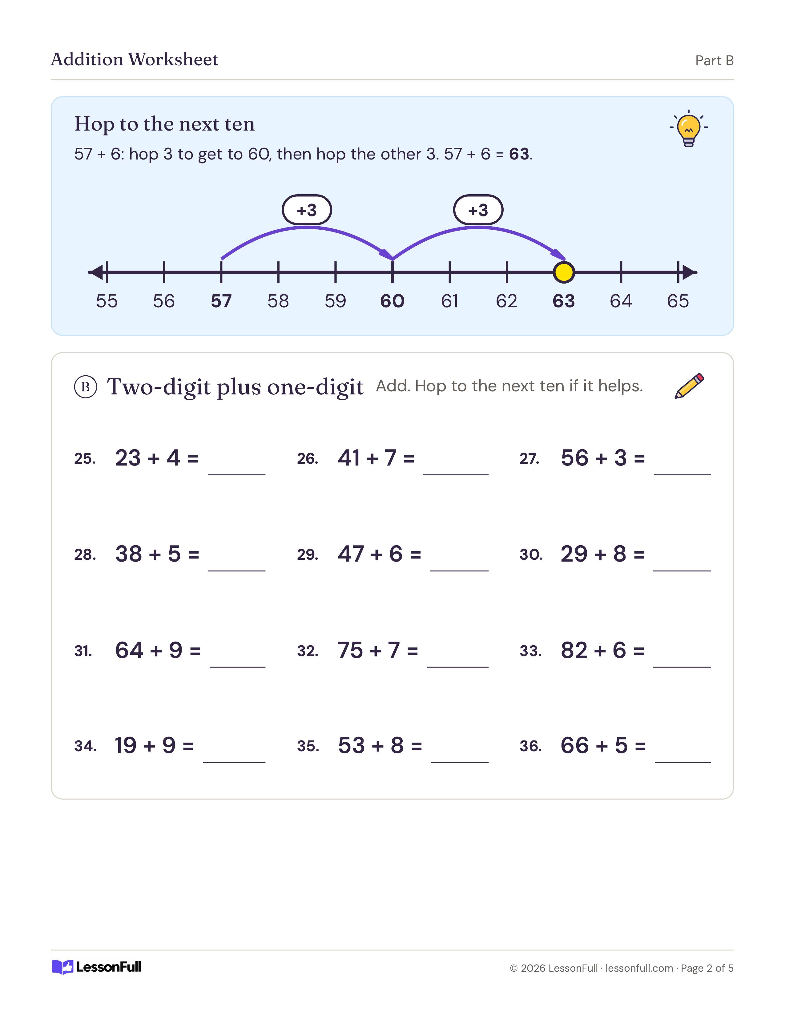 Math Addition Worksheet: a number line showing 57 + 6 as two hops of 3, then twelve two-digit plus one-digit sums to solve