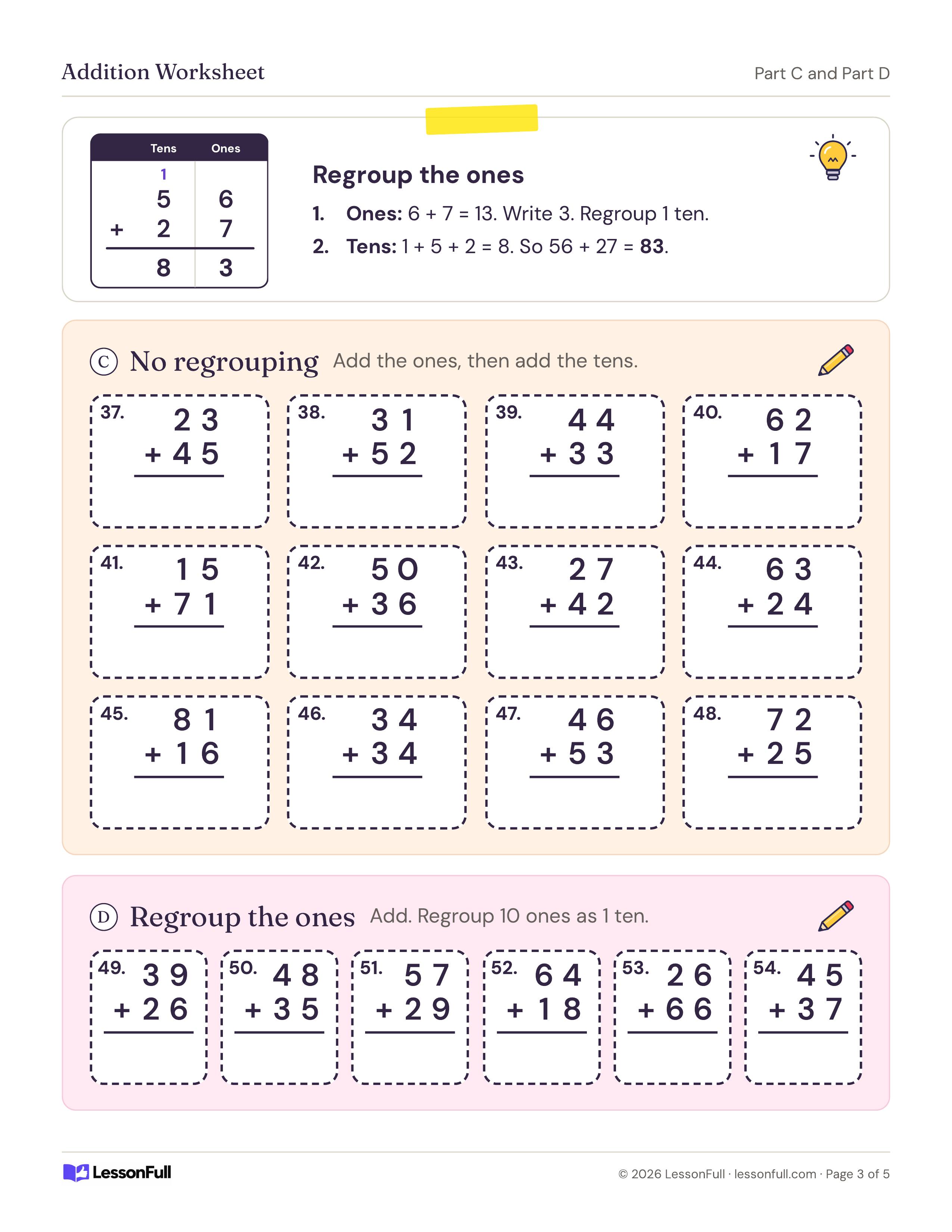 Math Addition Worksheet: a tens and ones chart regrouping 56 + 27, twelve vertical sums without regrouping and six that need regrouping