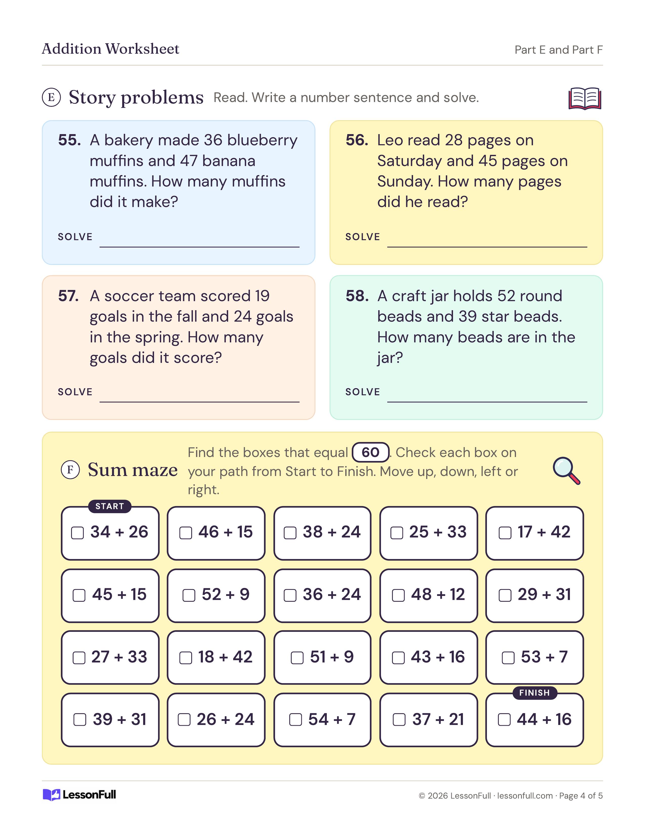 Math Addition Worksheet: four muffin, reading, soccer and bead story problems, plus a sum maze grid for tracing a path of boxes that equal 60
