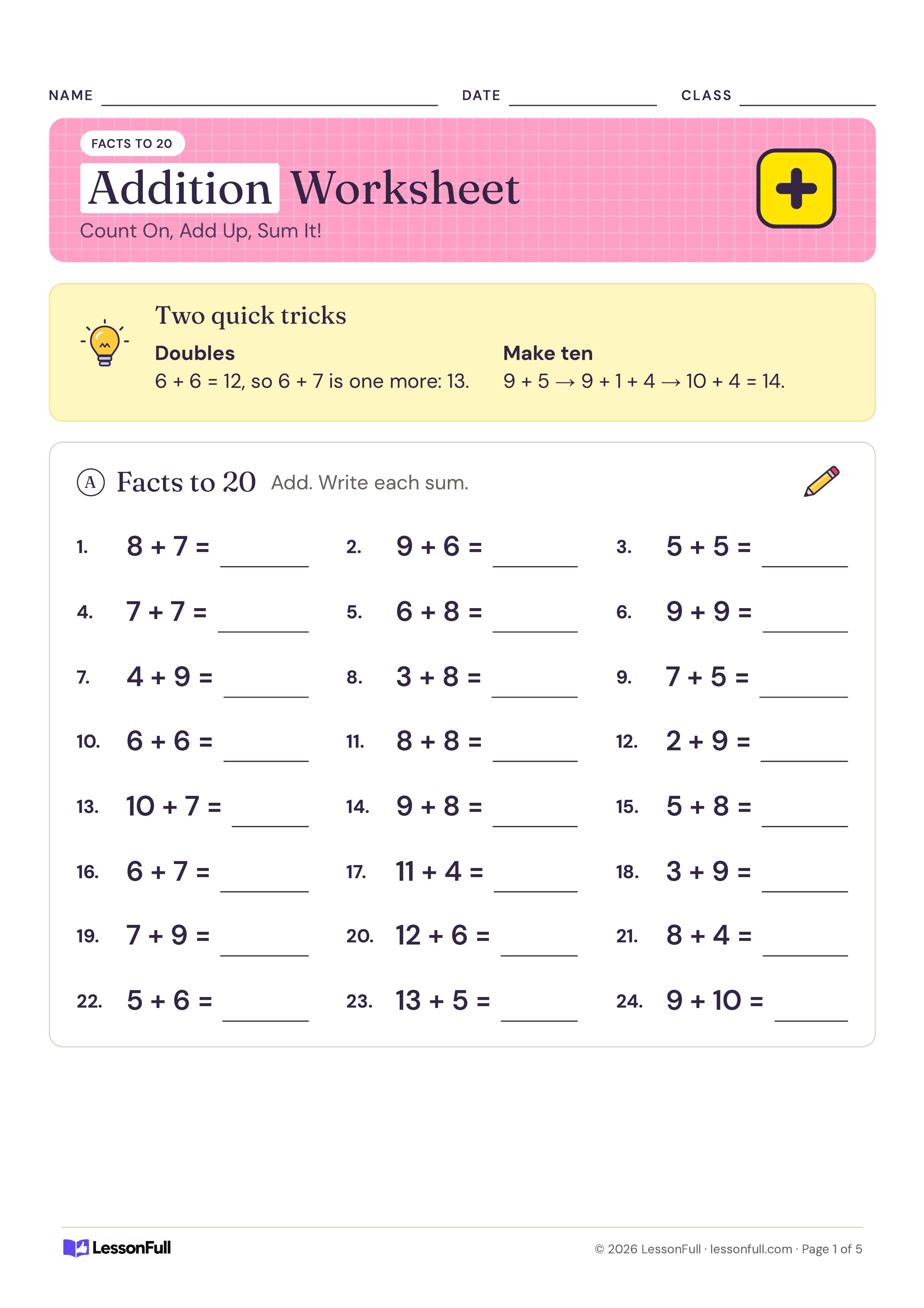Maths Addition Worksheet: a doubles and make-ten tip box above a grid of 24 addition facts to 20 with answer lines