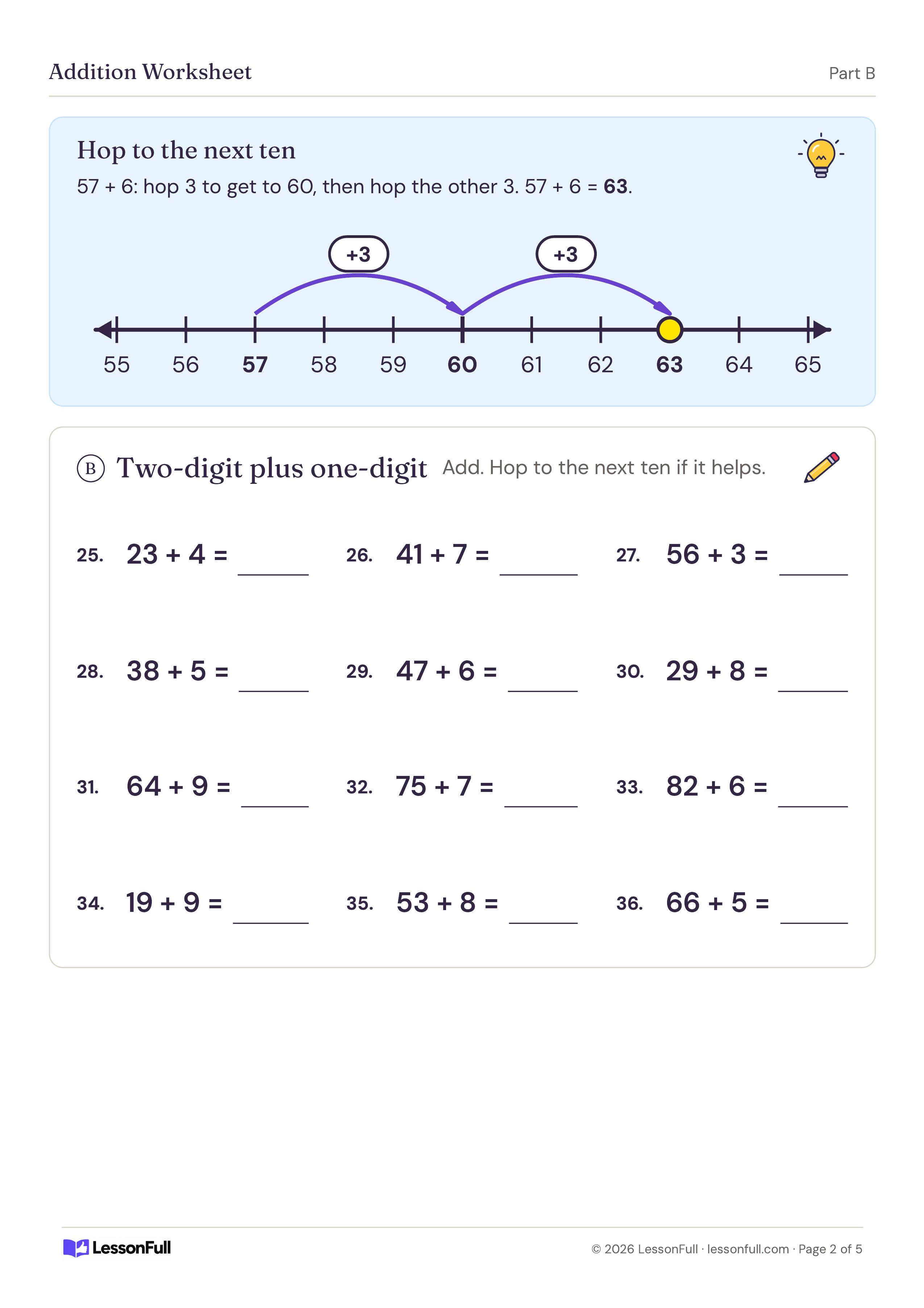 Maths Addition Worksheet: a number line showing 57 + 6 as two hops of 3, then twelve two-digit plus one-digit sums to solve