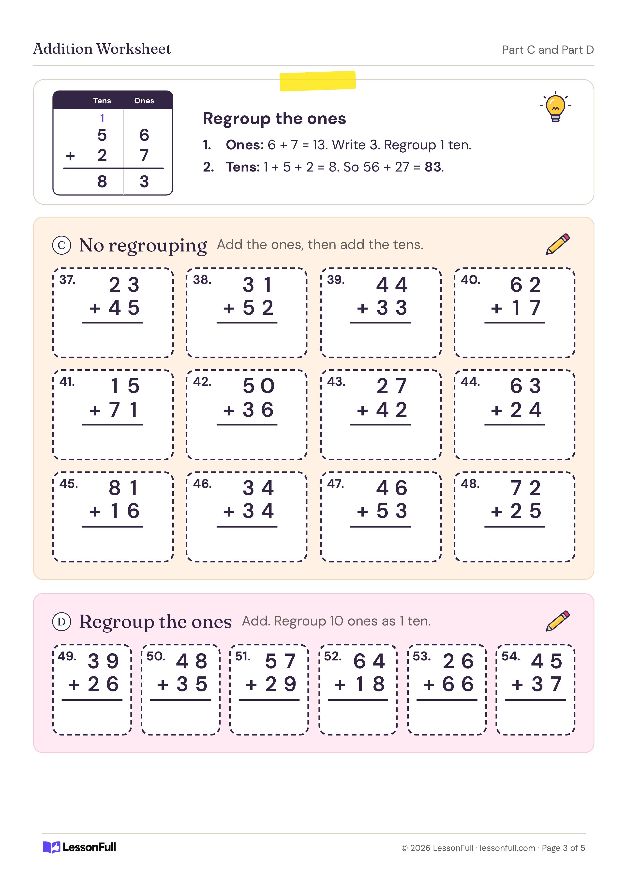 Maths Addition Worksheet: a tens and ones chart regrouping 56 + 27, twelve vertical sums without regrouping and six that need regrouping