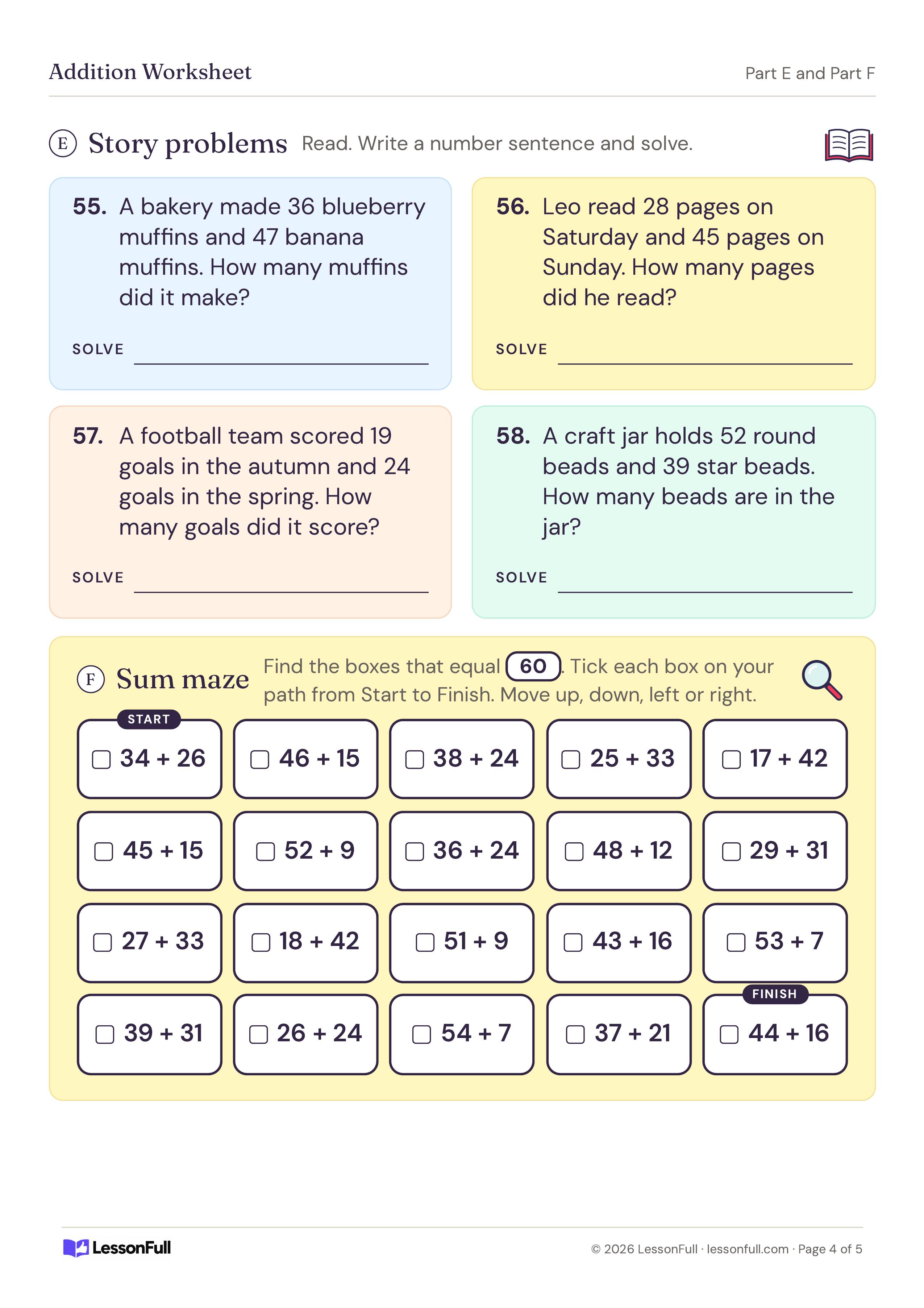Maths Addition Worksheet: four muffin, reading, soccer and bead story problems, plus a sum maze grid for tracing a path of boxes that equal 60