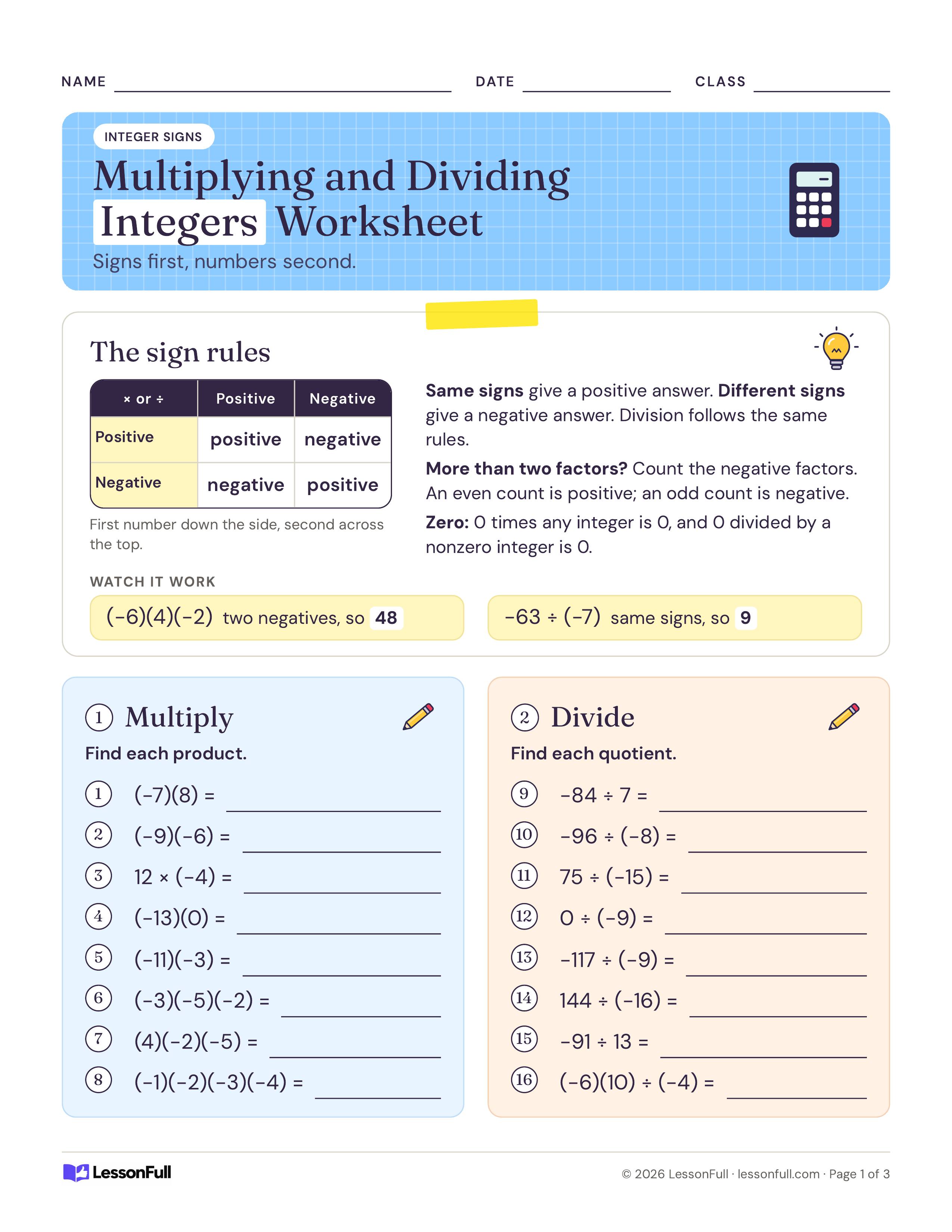 Multiplying and Dividing Integers Worksheet: a sign rules table with two worked examples, then eight integer products and eight quotients to find