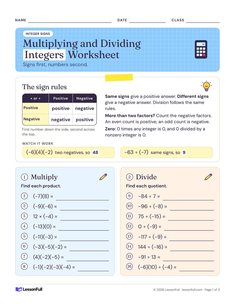 Multiplying and Dividing Integers Worksheet — math worksheet for grades 6–7