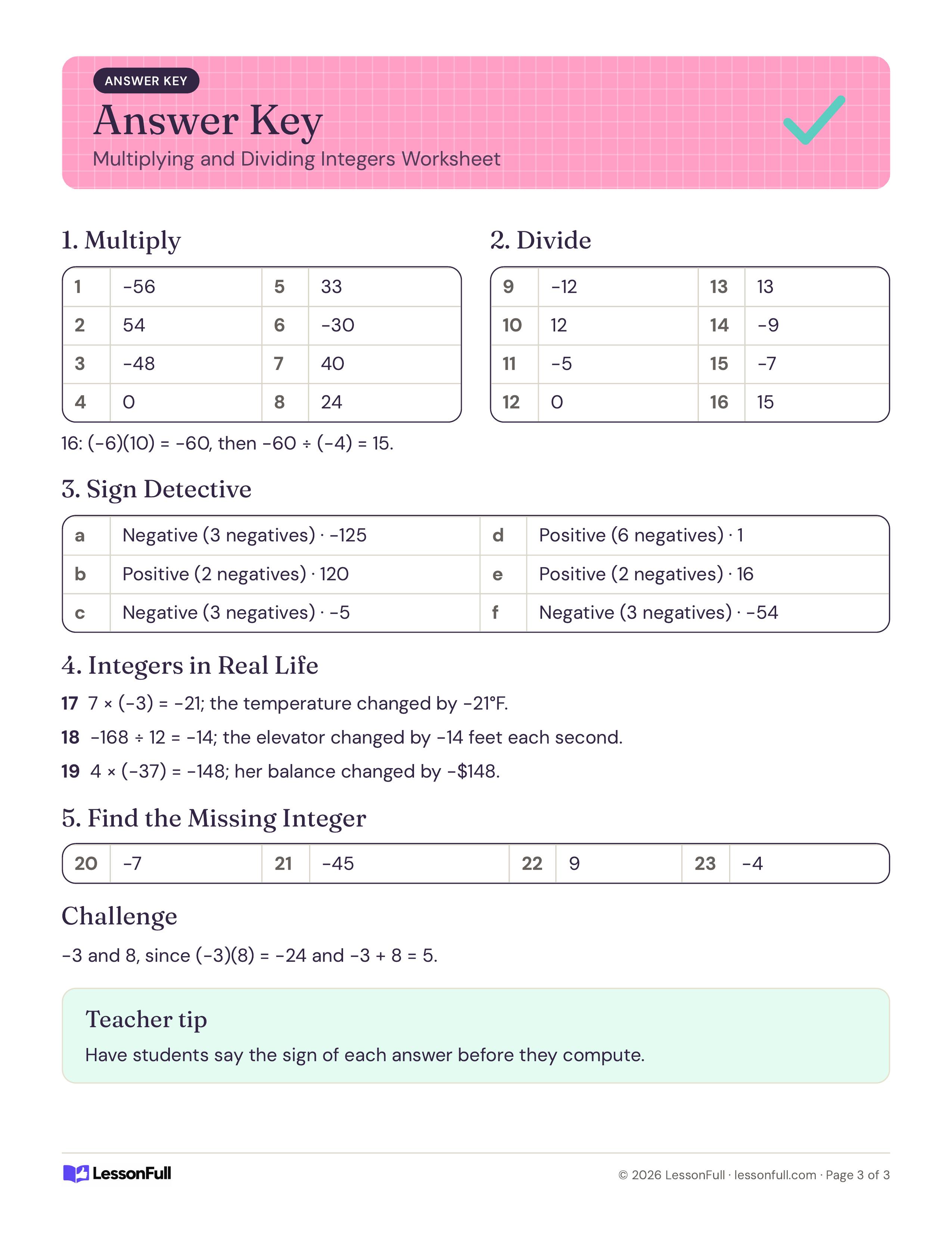 Multiplying and Dividing Integers Worksheet: answer key tables of products and quotients, sign detective results, real-life equations, missing integers and a tip