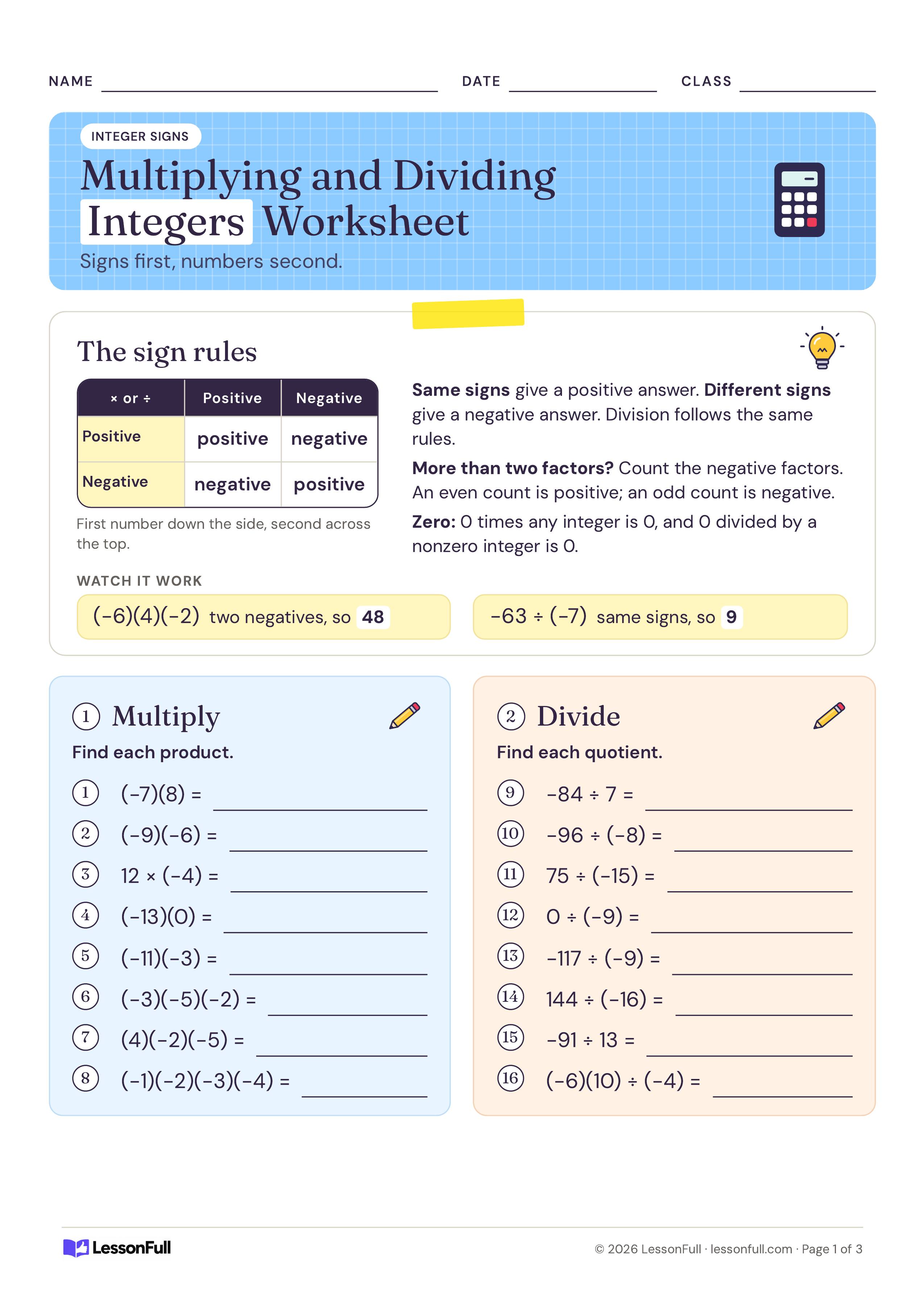 Multiplying and Dividing Integers Worksheet: a sign rules table with two worked examples, then eight integer products and eight quotients to find
