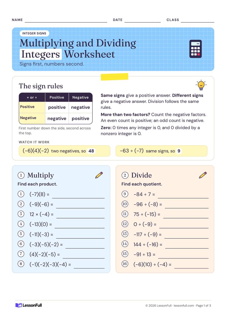 Multiplying and Dividing Integers Worksheet — maths worksheet for years 6–7