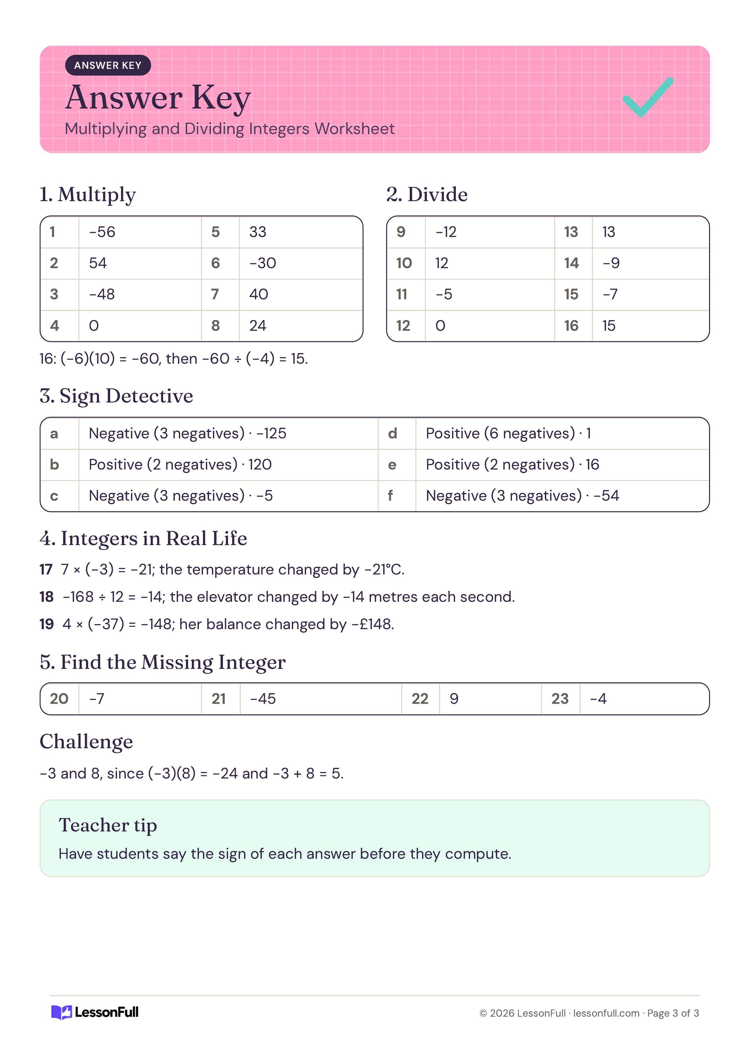 Multiplying and Dividing Integers Worksheet: answer key tables of products and quotients, sign detective results, real-life equations, missing integers and a tip