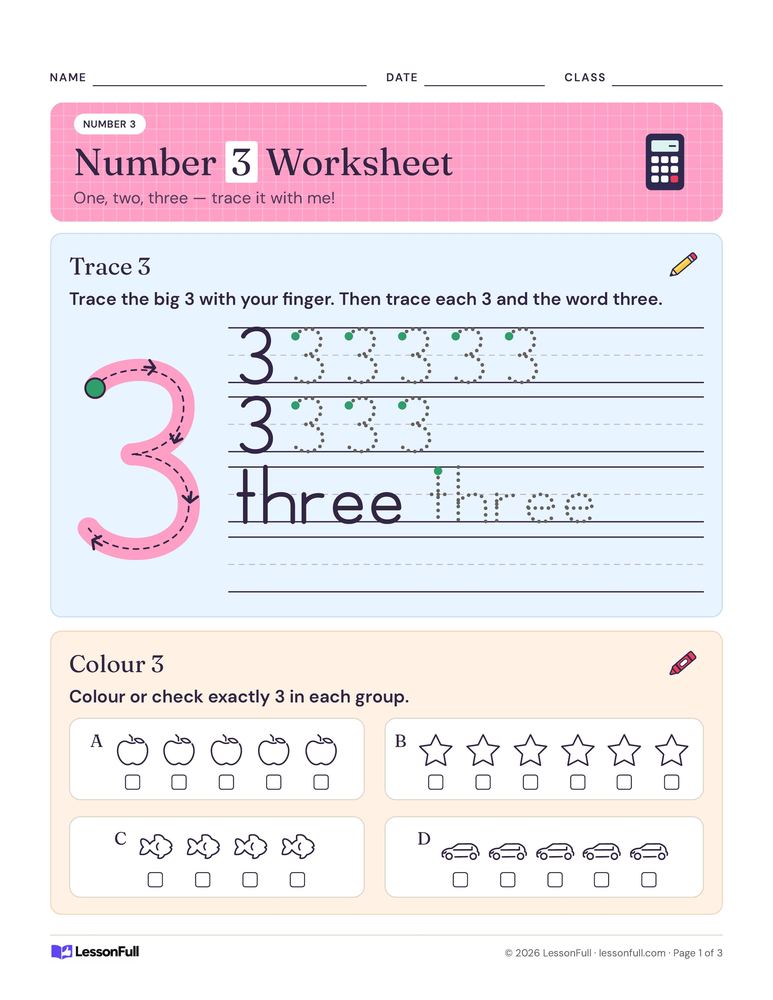 Number 3 Worksheet — math worksheet for Junior and Senior Kindergarten