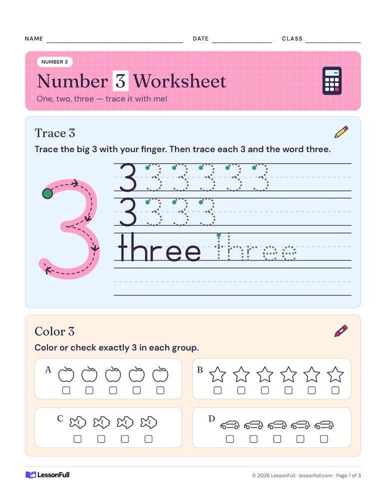 Number 3 Worksheet — math worksheet for grades Pre-K–K
