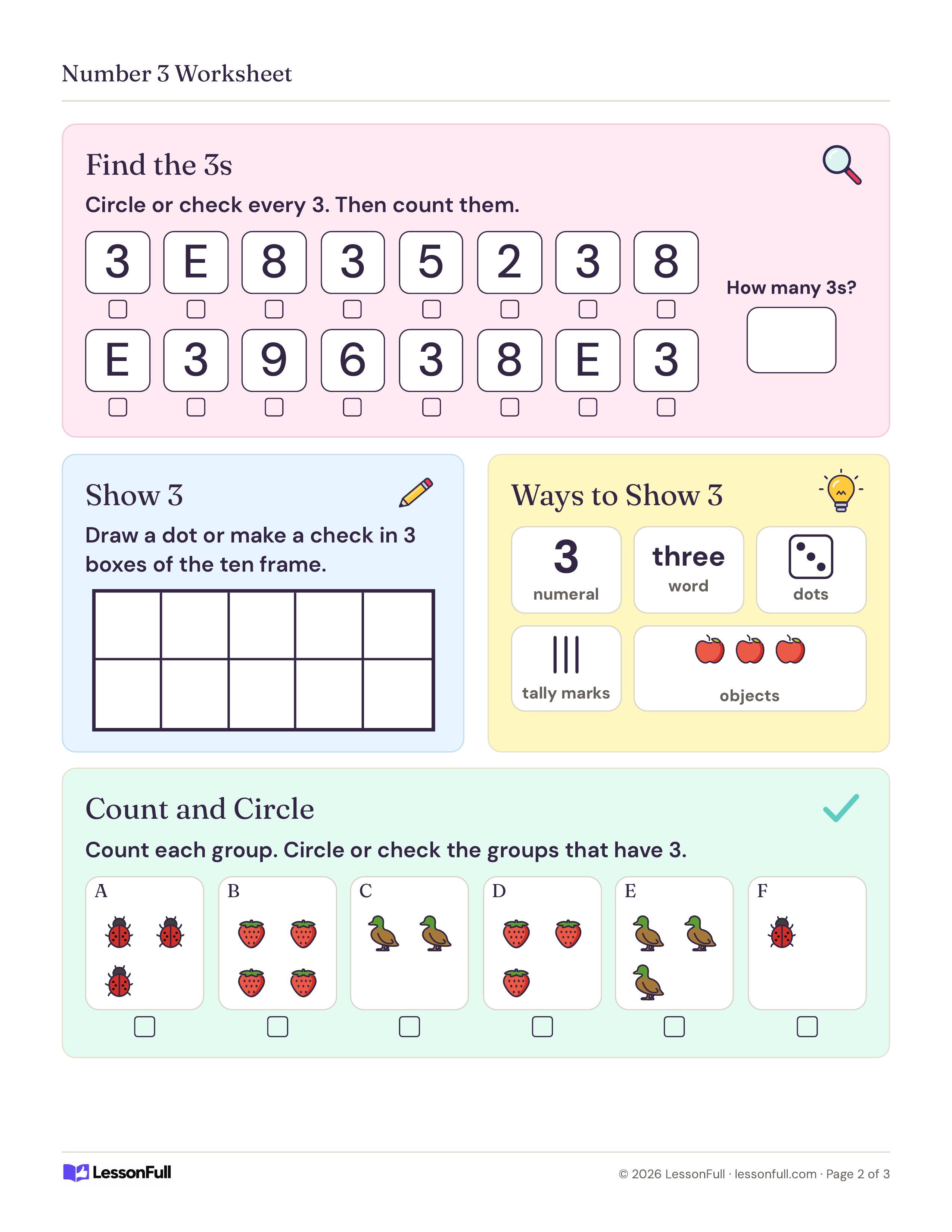 Number 3 Worksheet: a row of number tiles to find the 3s, a ten frame, five ways to show 3 and picture groups to count