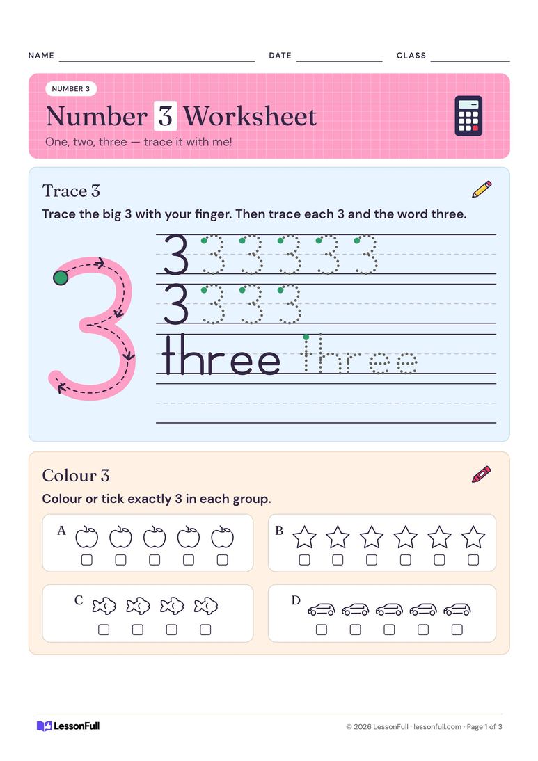 Number 3 Worksheet — maths worksheet for Pre-school–Foundation
