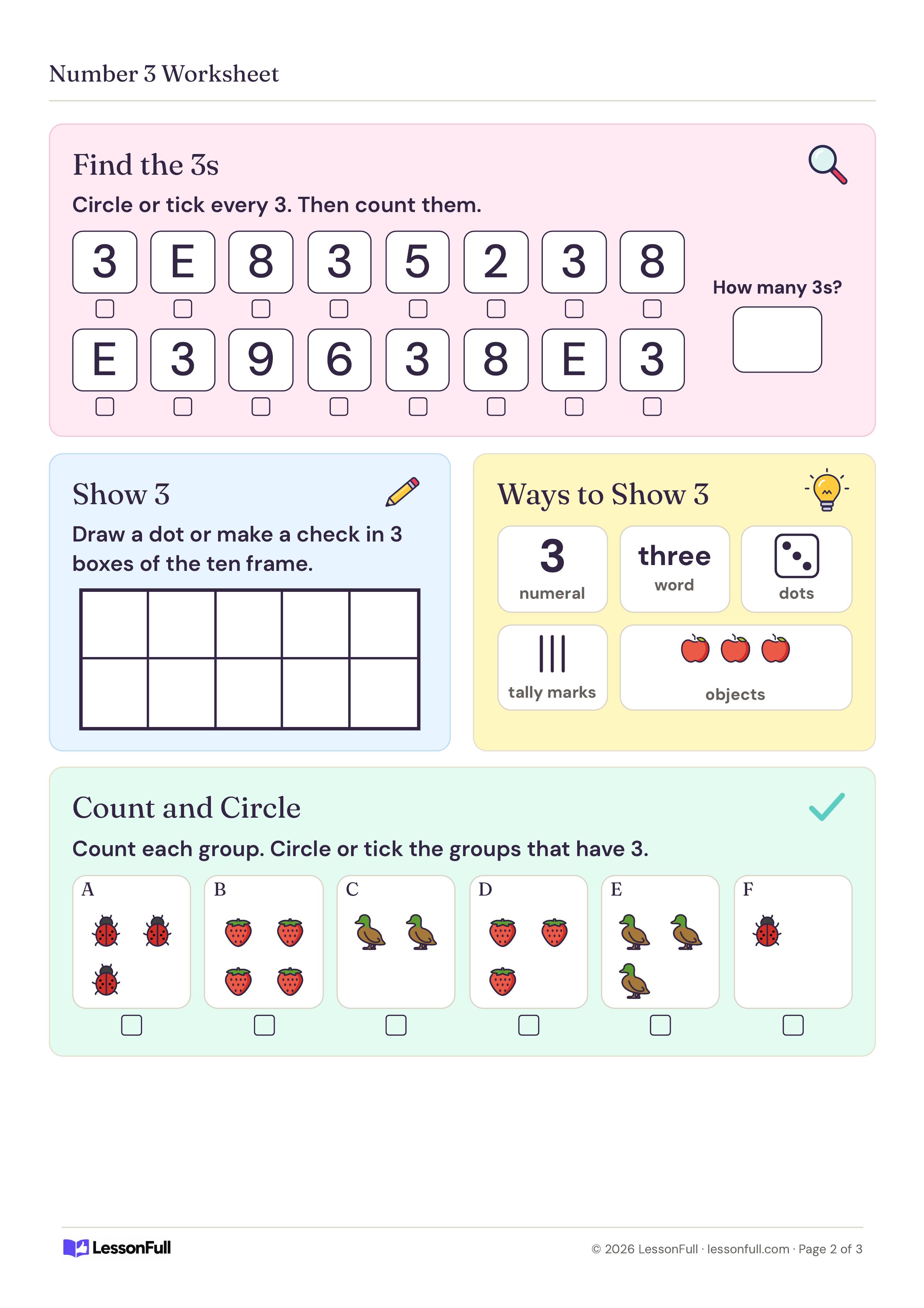 Number 3 Worksheet: a row of number tiles to find the 3s, a ten frame, five ways to show 3 and picture groups to count