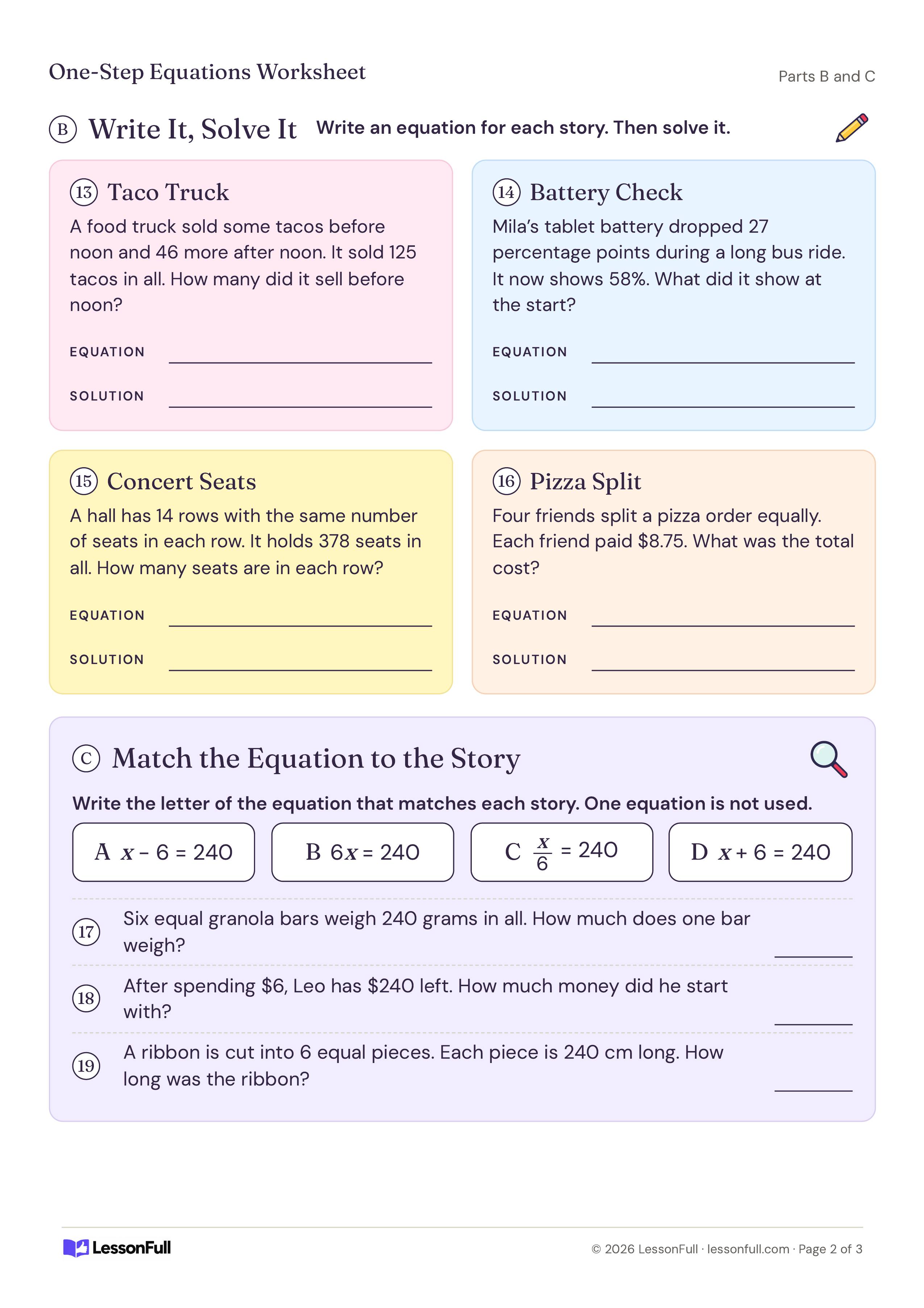 One-Step Equations Worksheet: four word problems to write and solve, plus three short stories to match with one of four equations