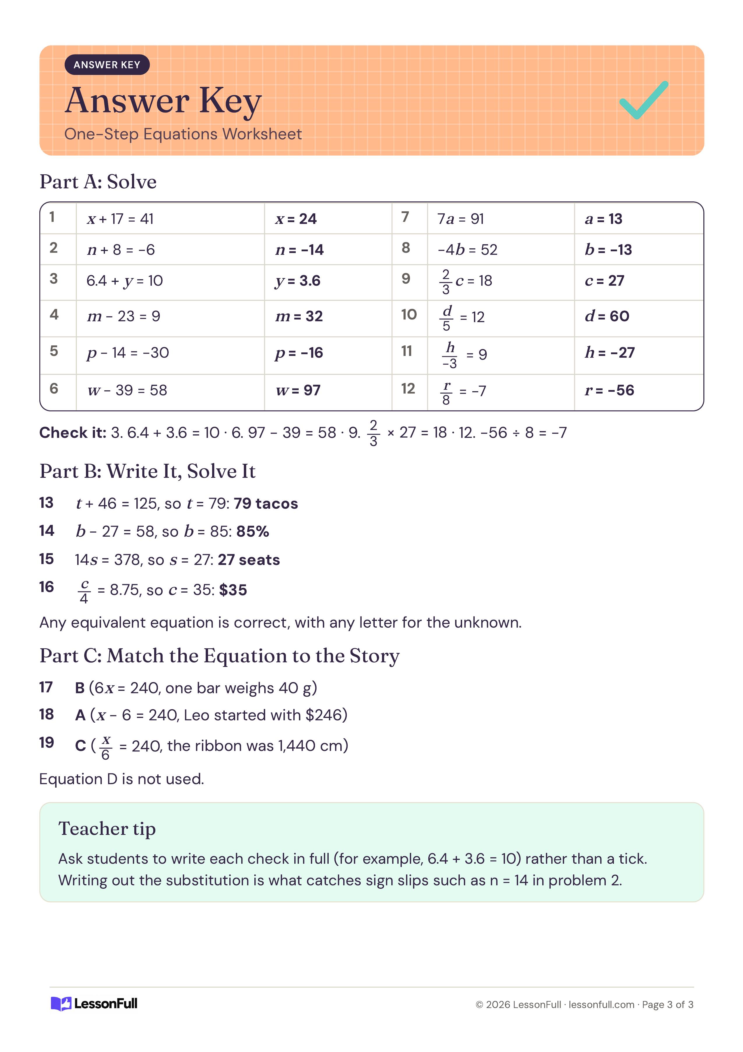 One-Step Equations Worksheet: answer key table with solutions for all twelve equations, the word problem equations, story matches and a teacher tip