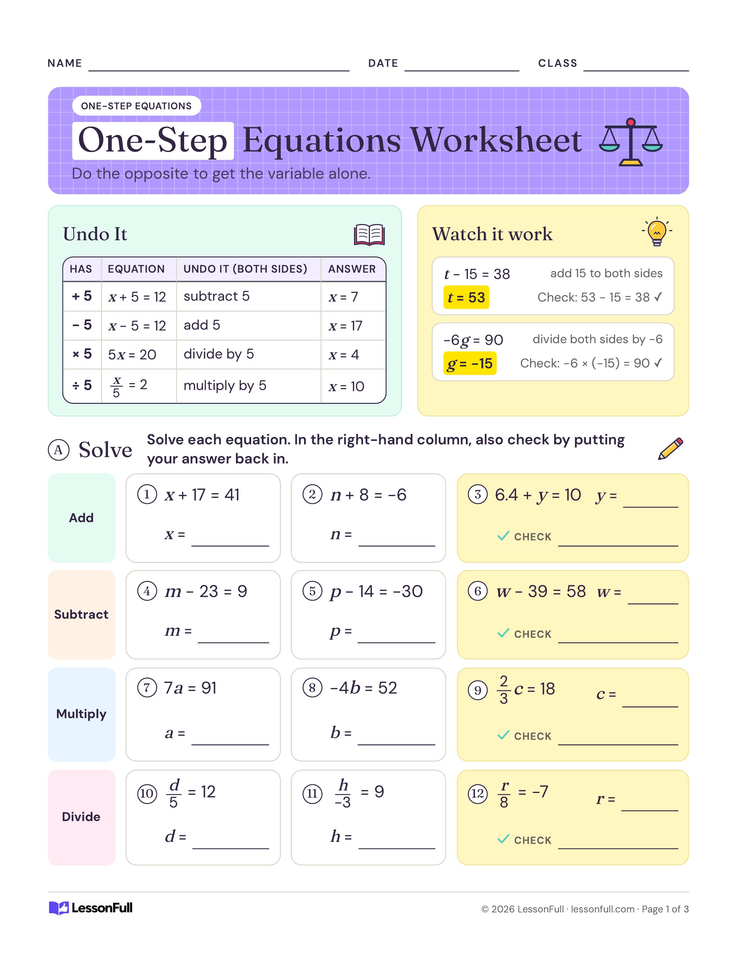 One-Step Equations Worksheet: an undo-it table for the four operations, two worked examples and twelve equations to solve sorted by operation