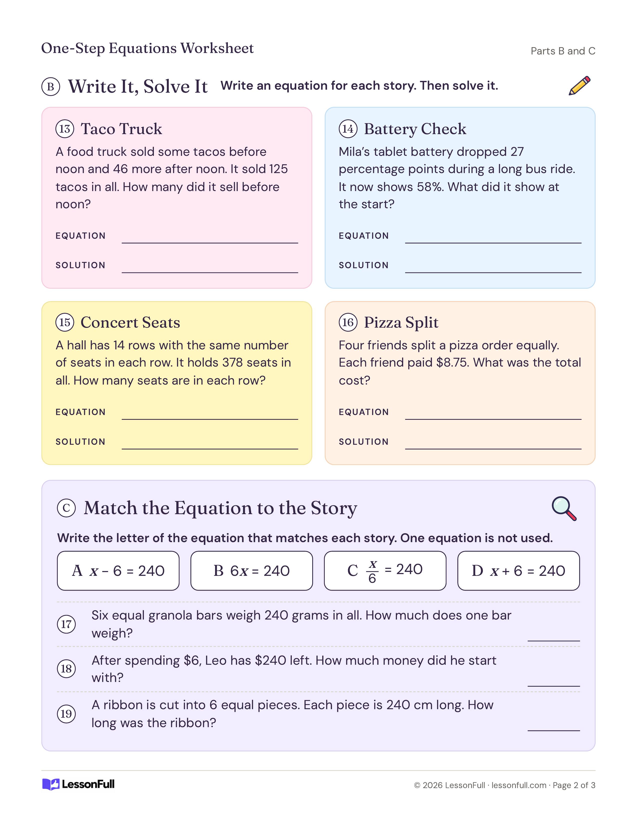 One-Step Equations Worksheet: four word problems to write and solve, plus three short stories to match with one of four equations