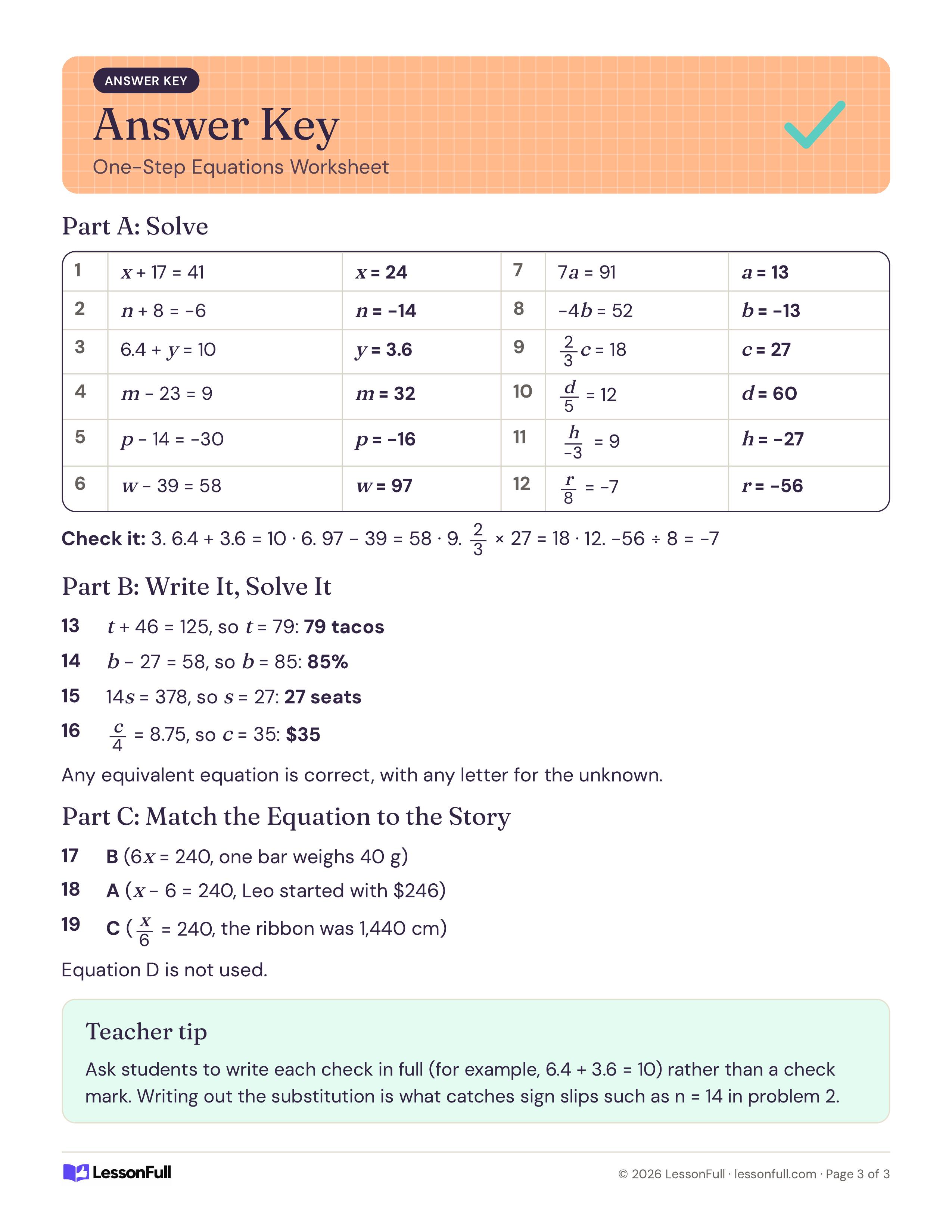 One-Step Equations Worksheet: answer key table with solutions for all twelve equations, the word problem equations, story matches and a teacher tip