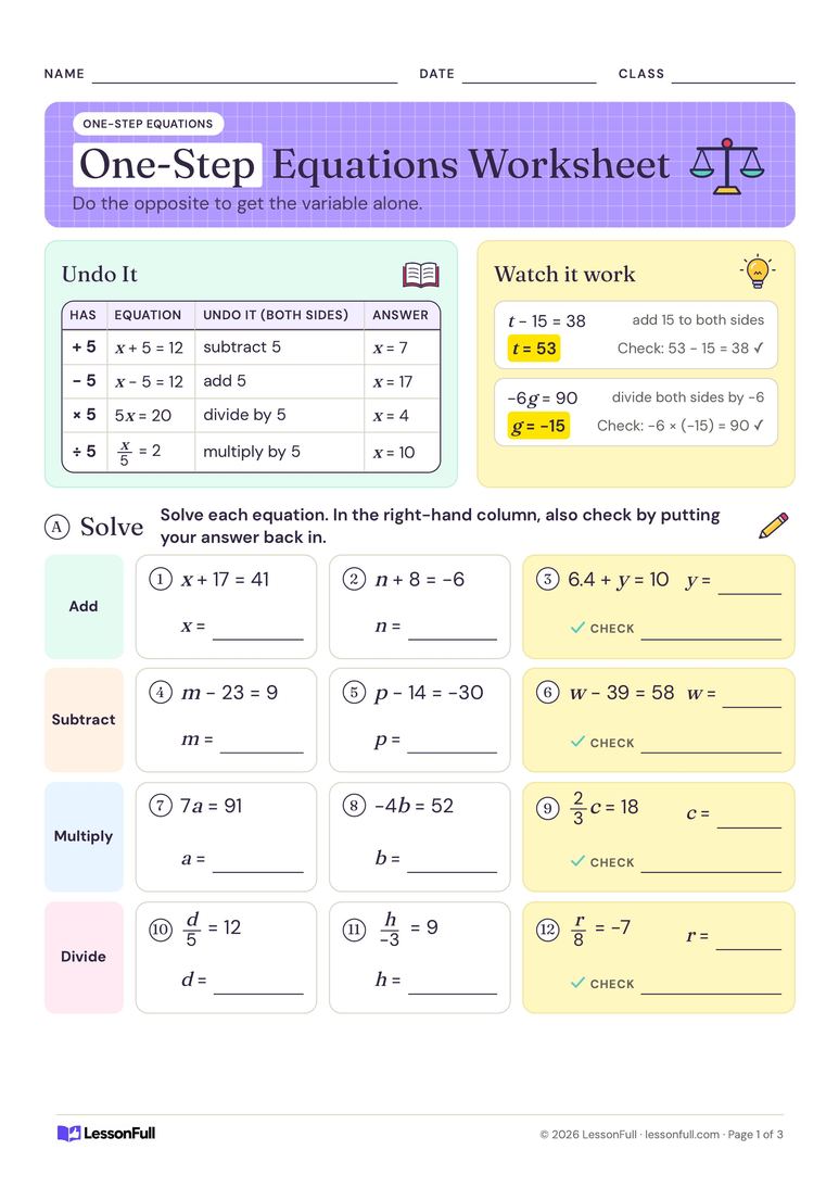 One-Step Equations Worksheet — maths worksheet for years 6–7