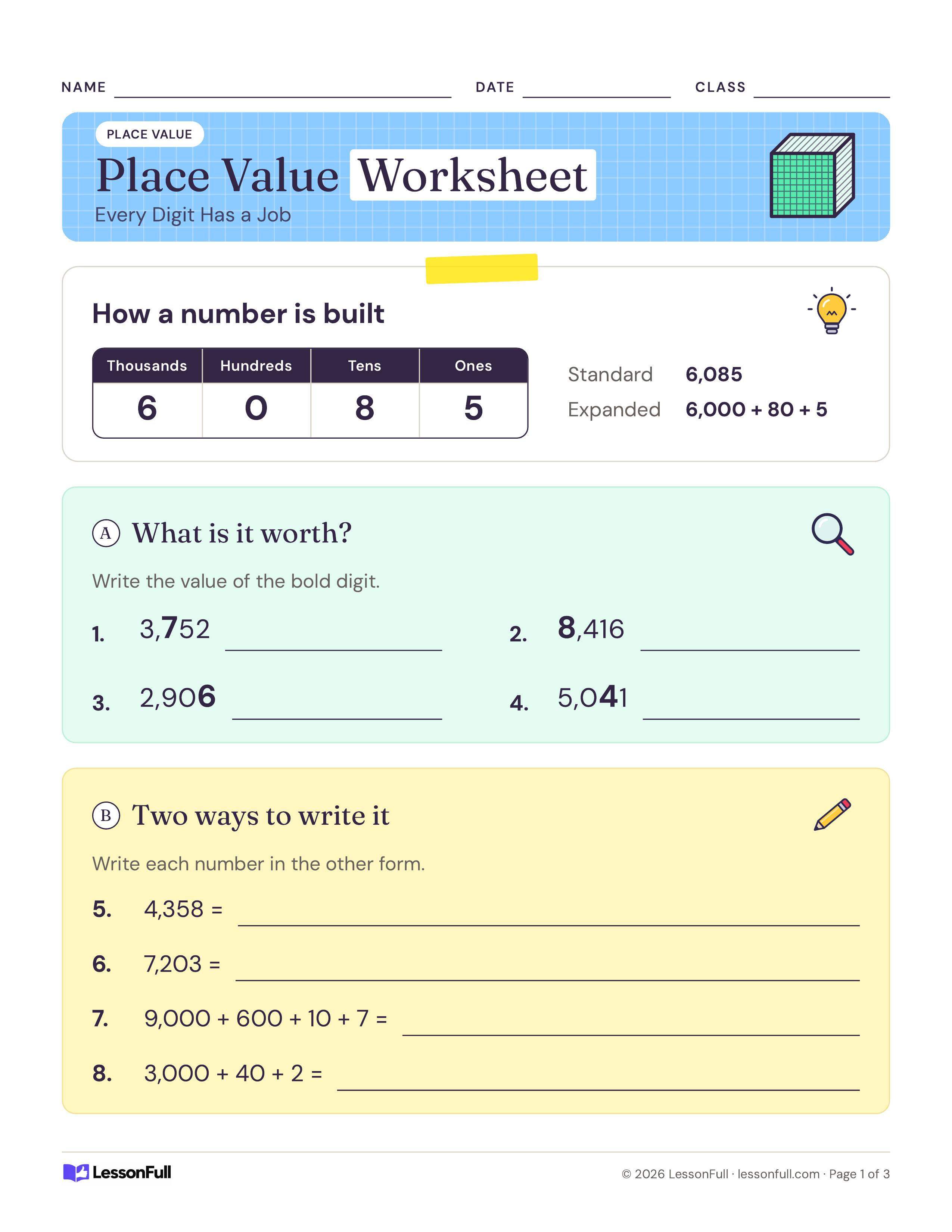 Place Value Worksheet: a thousands-to-ones place value chart for 6,085, then questions on bold digit values and standard versus expanded form