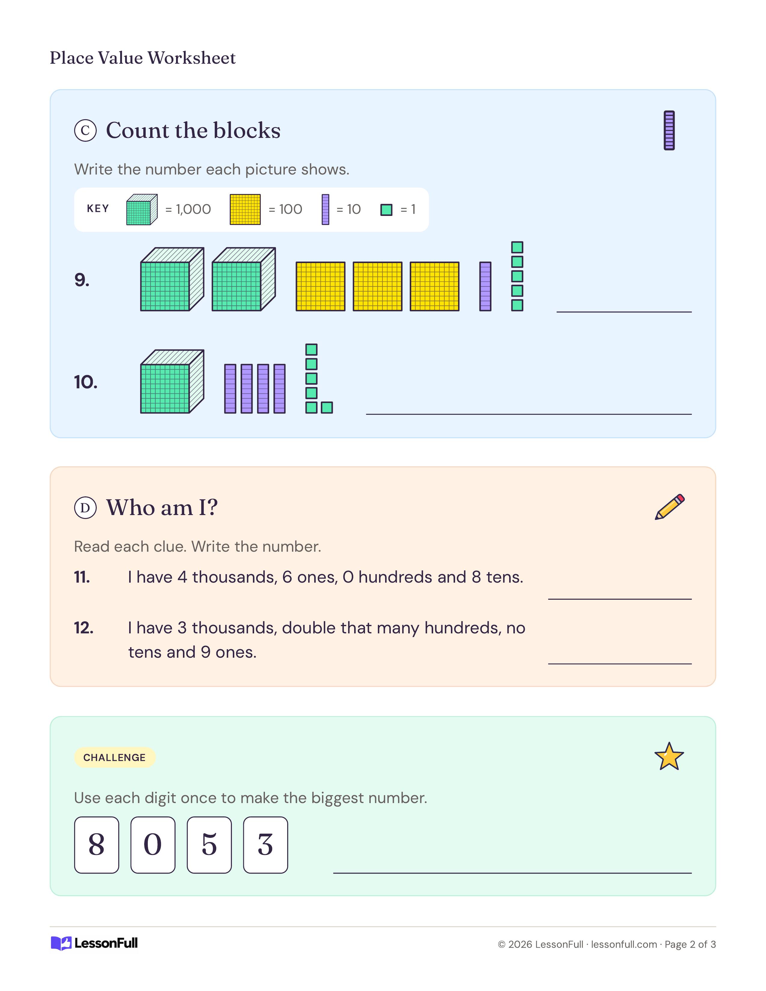 Place Value Worksheet: base-ten block pictures to count with a key, two who-am-I number riddles and a biggest-number digit card challenge